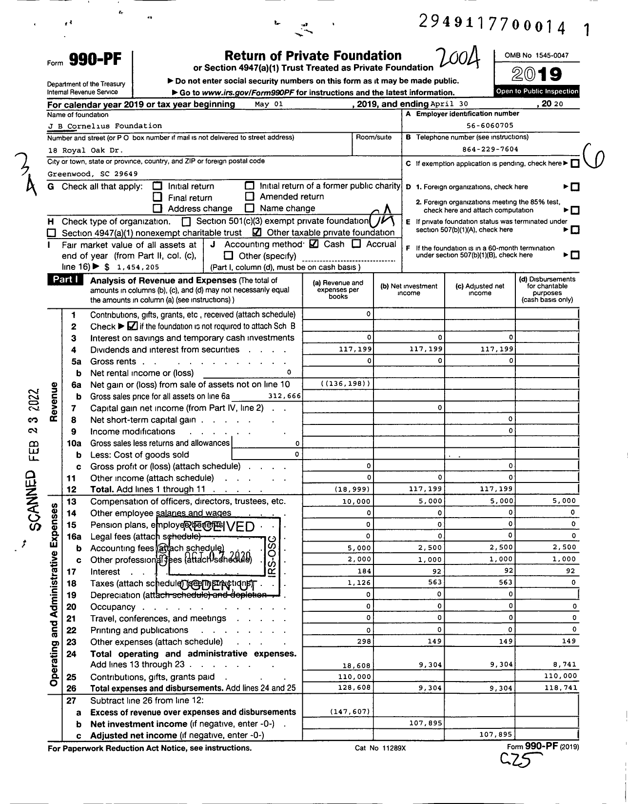 Image of first page of 2019 Form 990PF for J B Cornelius Foundation