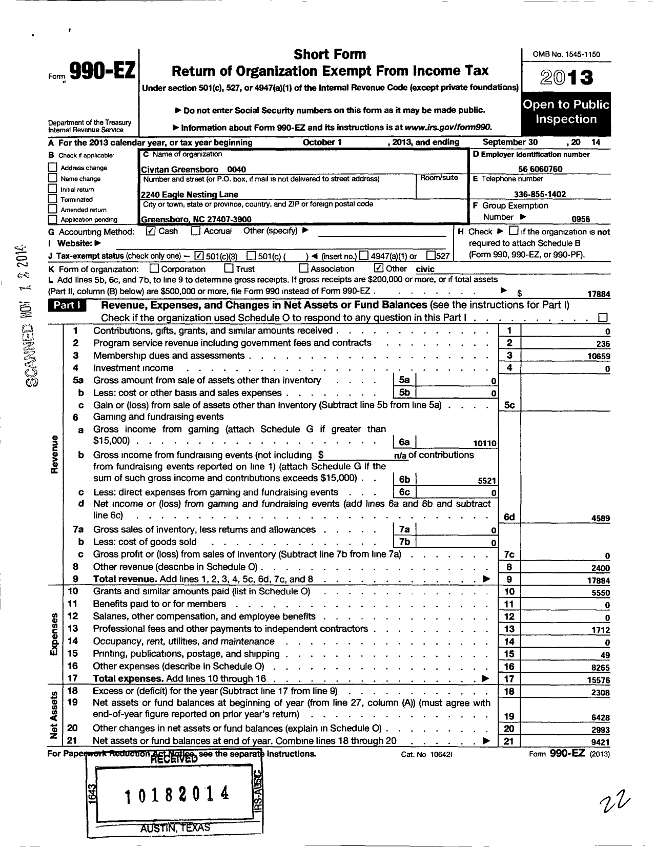 Image of first page of 2013 Form 990EZ for Civitan International / Greensboro NC