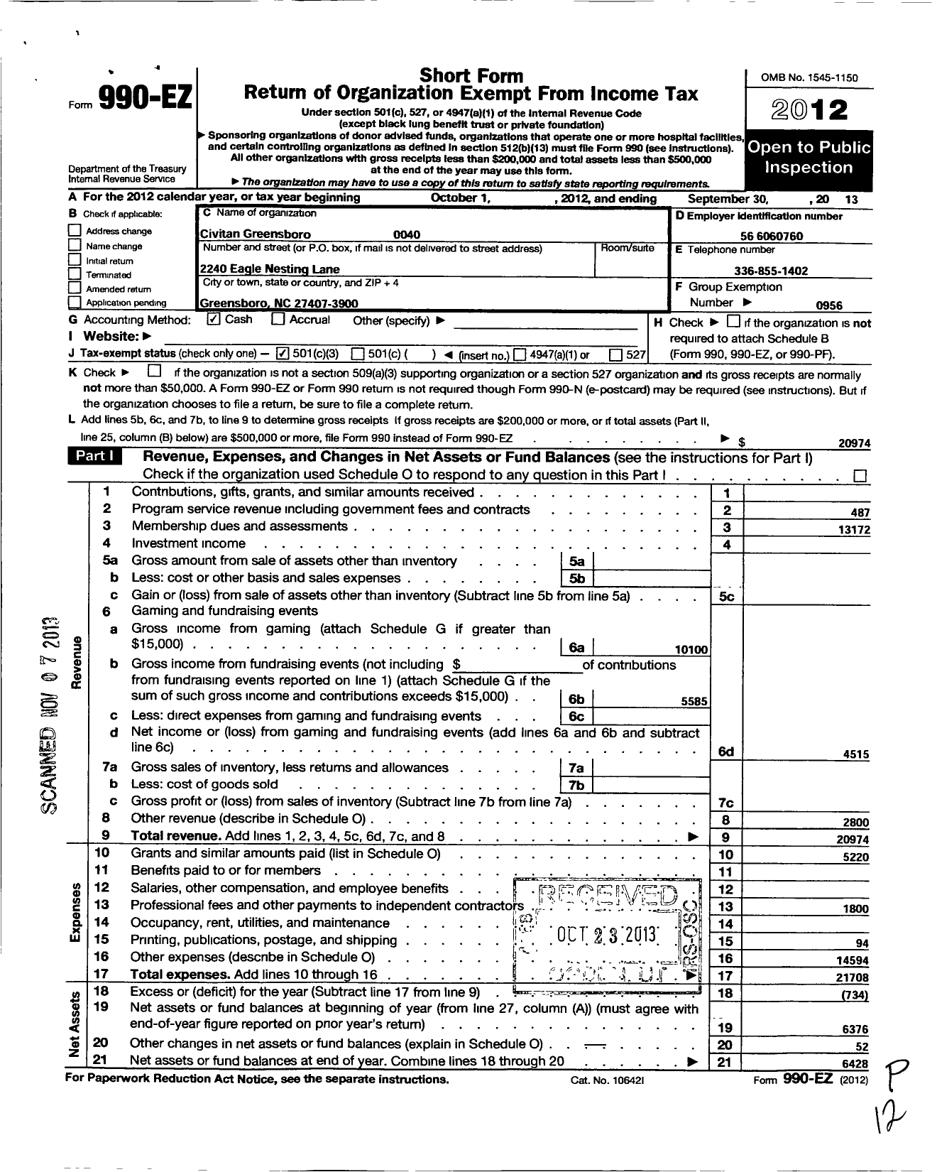 Image of first page of 2012 Form 990EZ for Civitan International / Greensboro NC