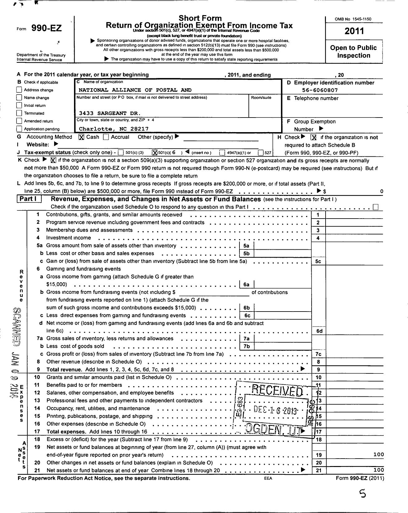 Image of first page of 2011 Form 990EO for National Alliance of Postal and Federal Employees Charlotte Local - 311 Napfe