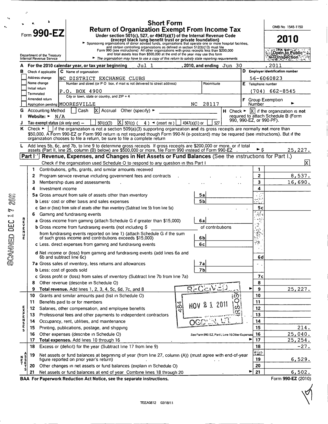 Image of first page of 2010 Form 990EO for National Exchange Club - 17 North Carolina