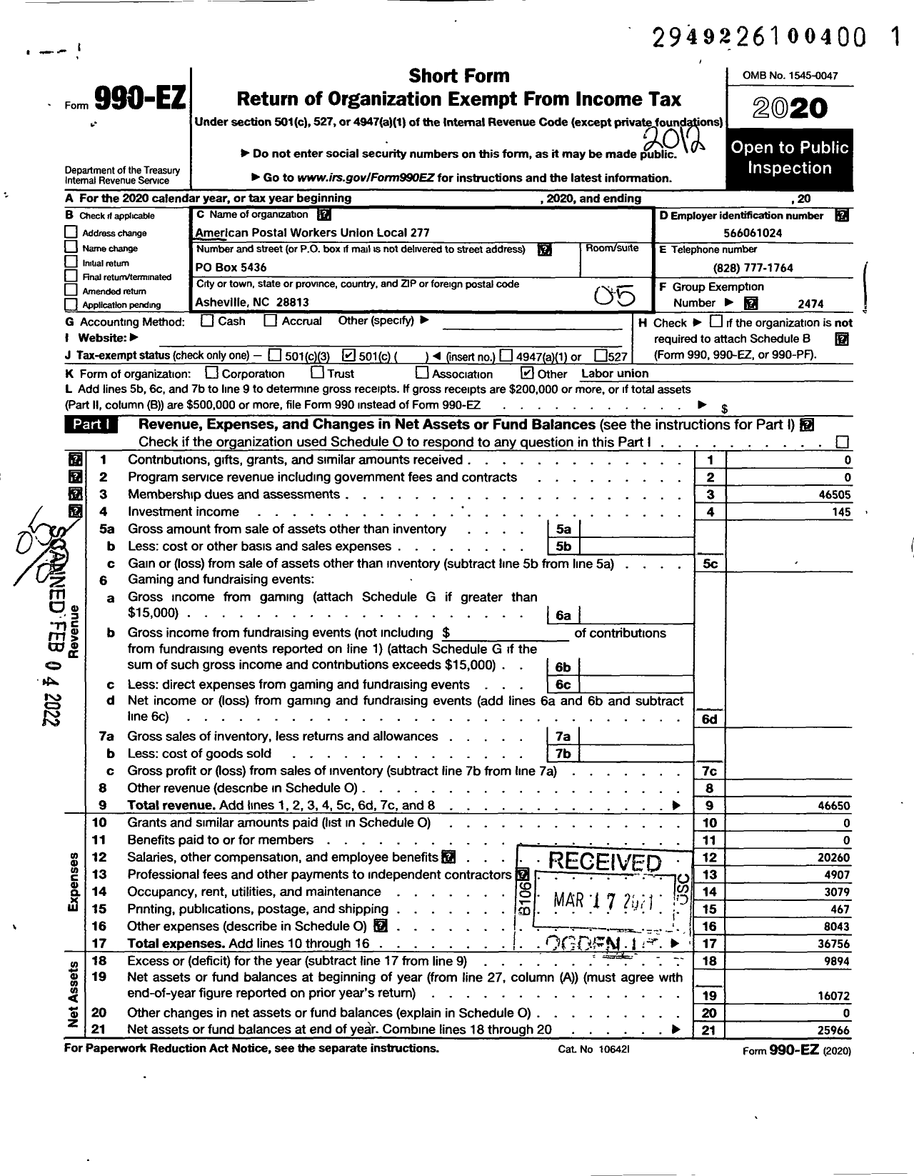 Image of first page of 2020 Form 990EO for American Postal Workers Union - 277 Asheville Area Local