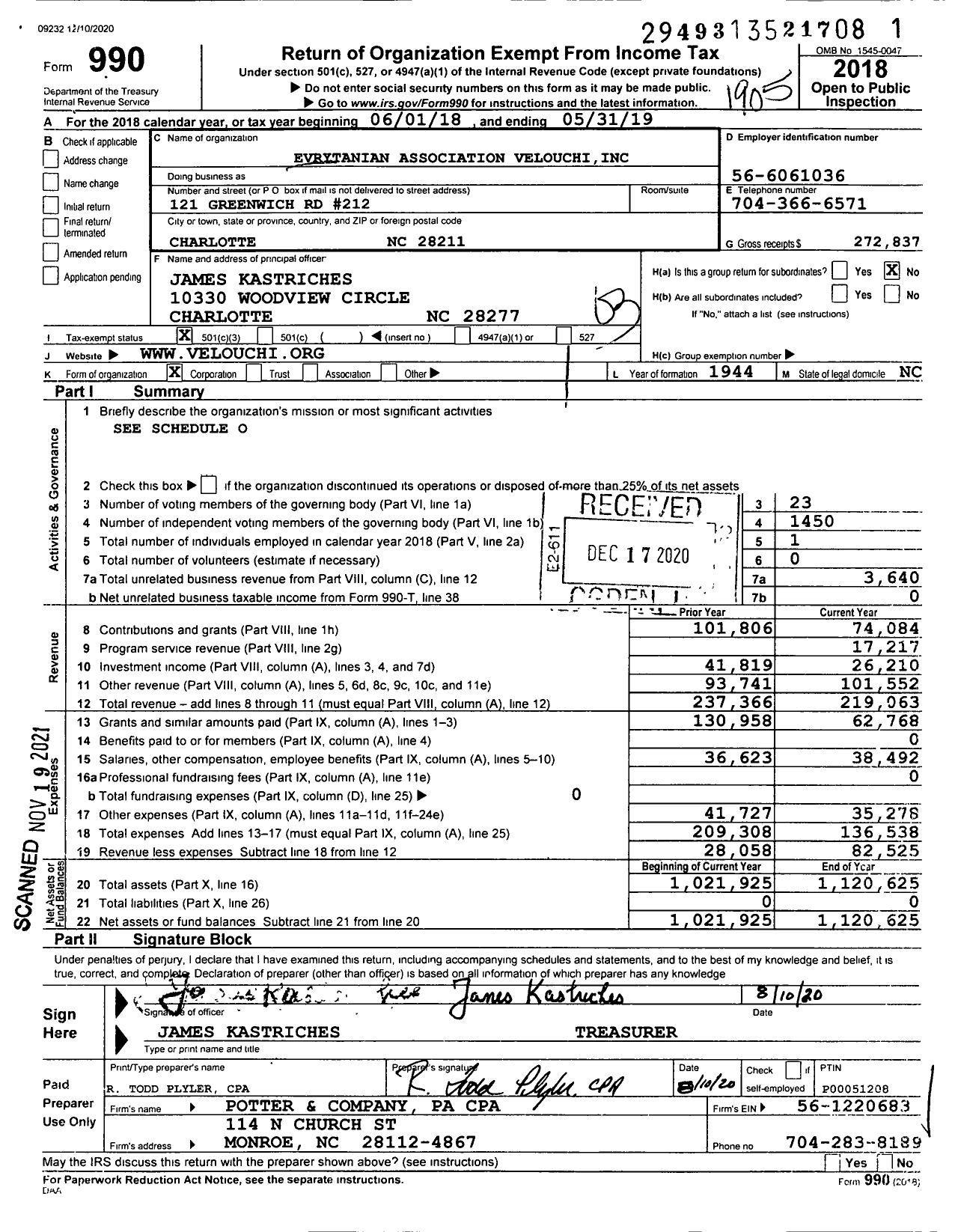 Image of first page of 2018 Form 990 for Evrytanian Association Velouchi