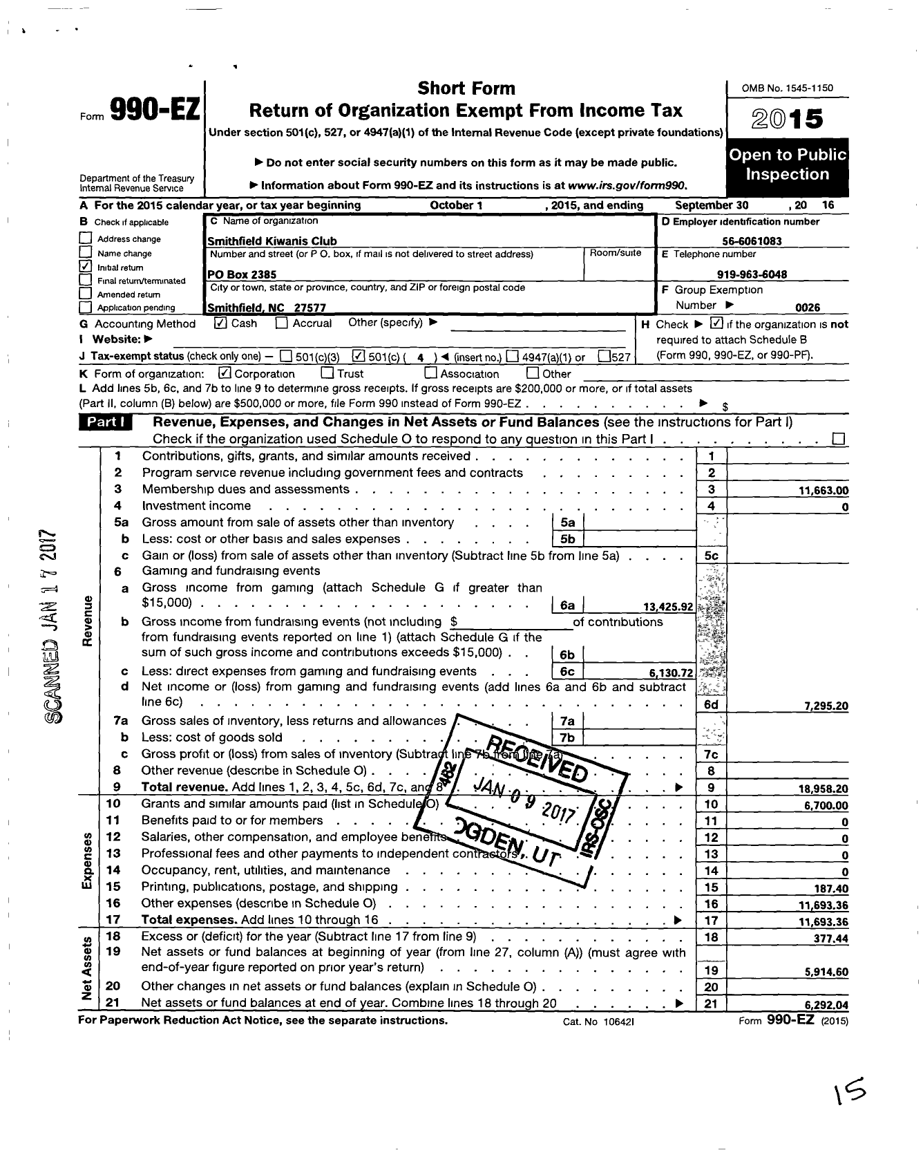 Image of first page of 2015 Form 990EO for Kiwanis International - K00859 Smithfield