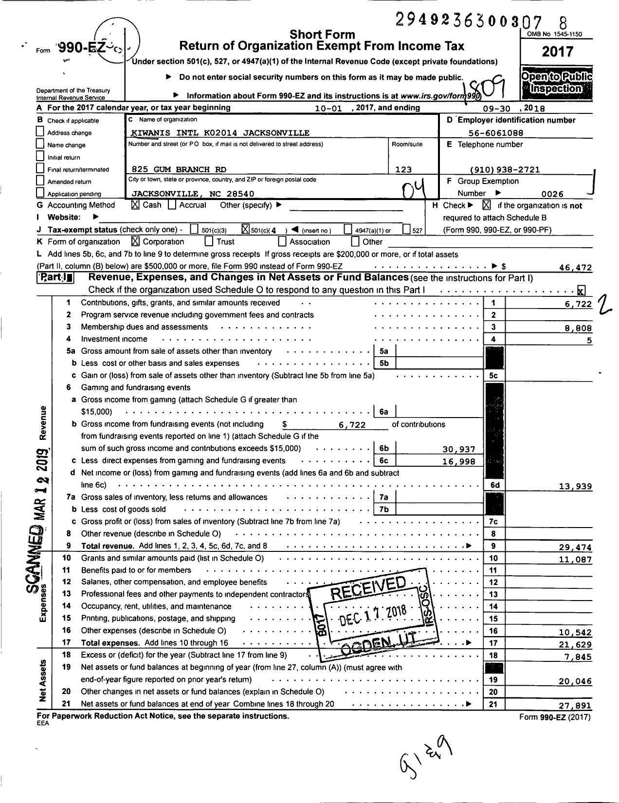 Image of first page of 2017 Form 990EO for Kiwanis International - K02014 Jacksonville