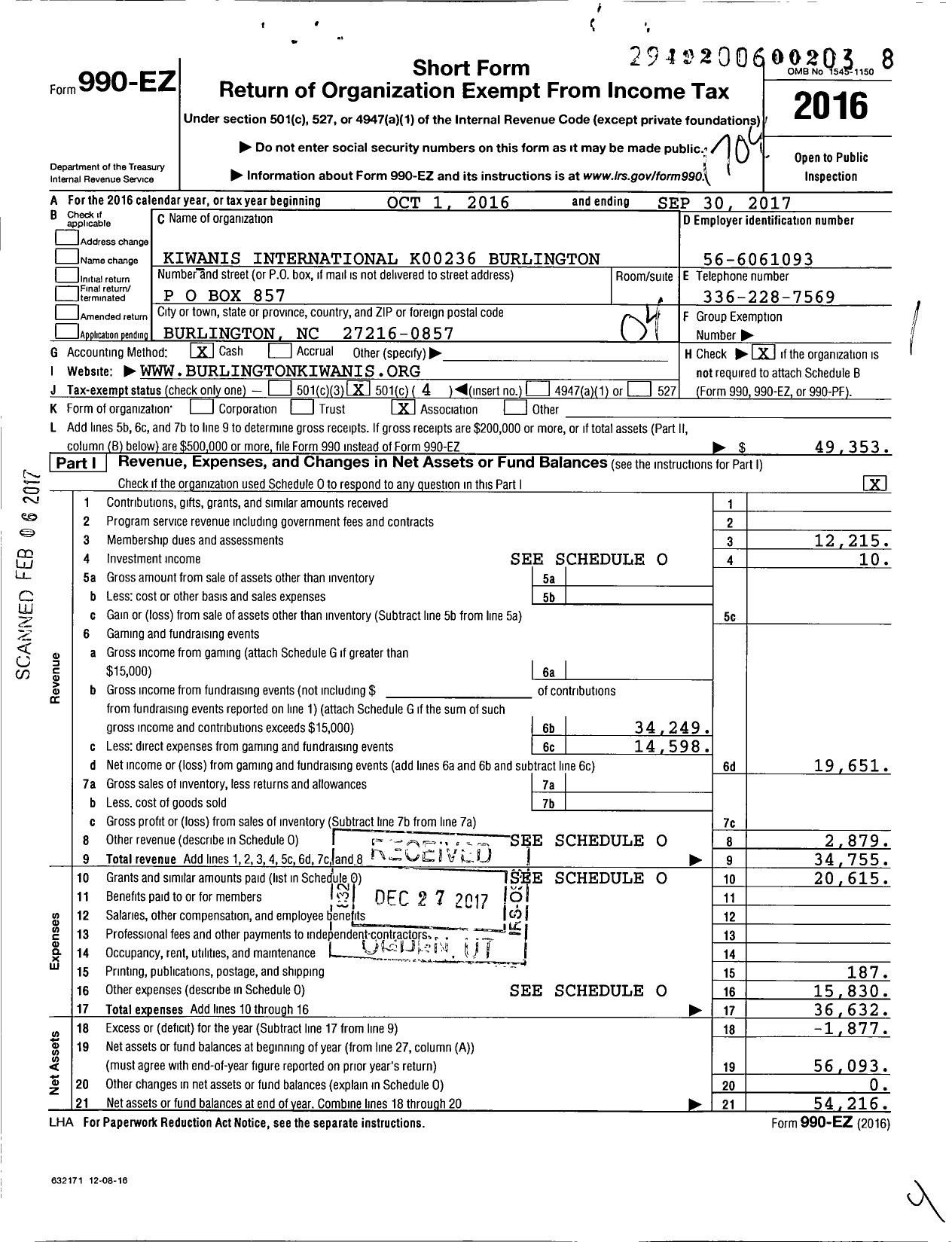 Image of first page of 2016 Form 990EO for Kiwanis International - K00236 Burlington