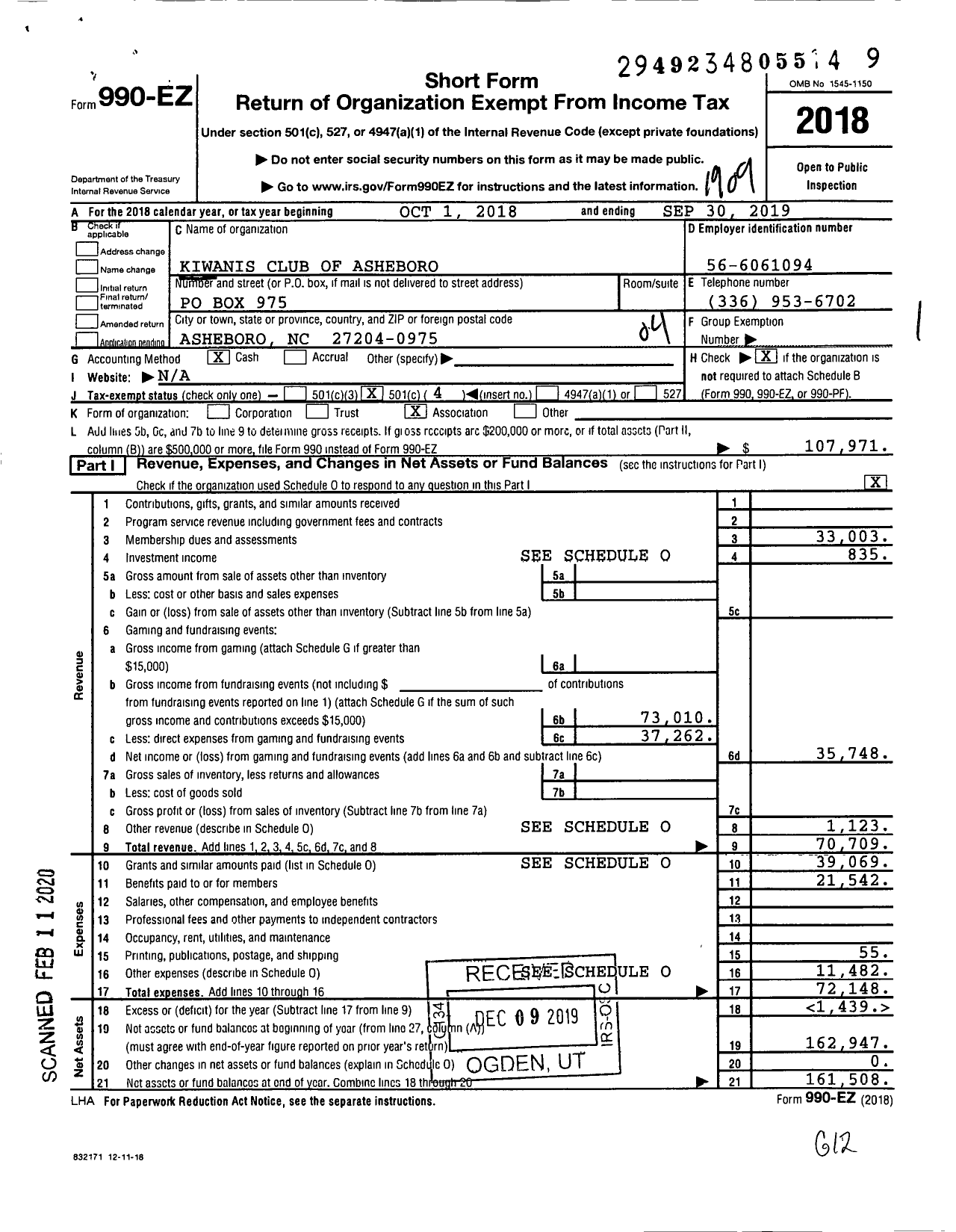 Image of first page of 2018 Form 990EO for Kiwanis International - K01736 Asheboro