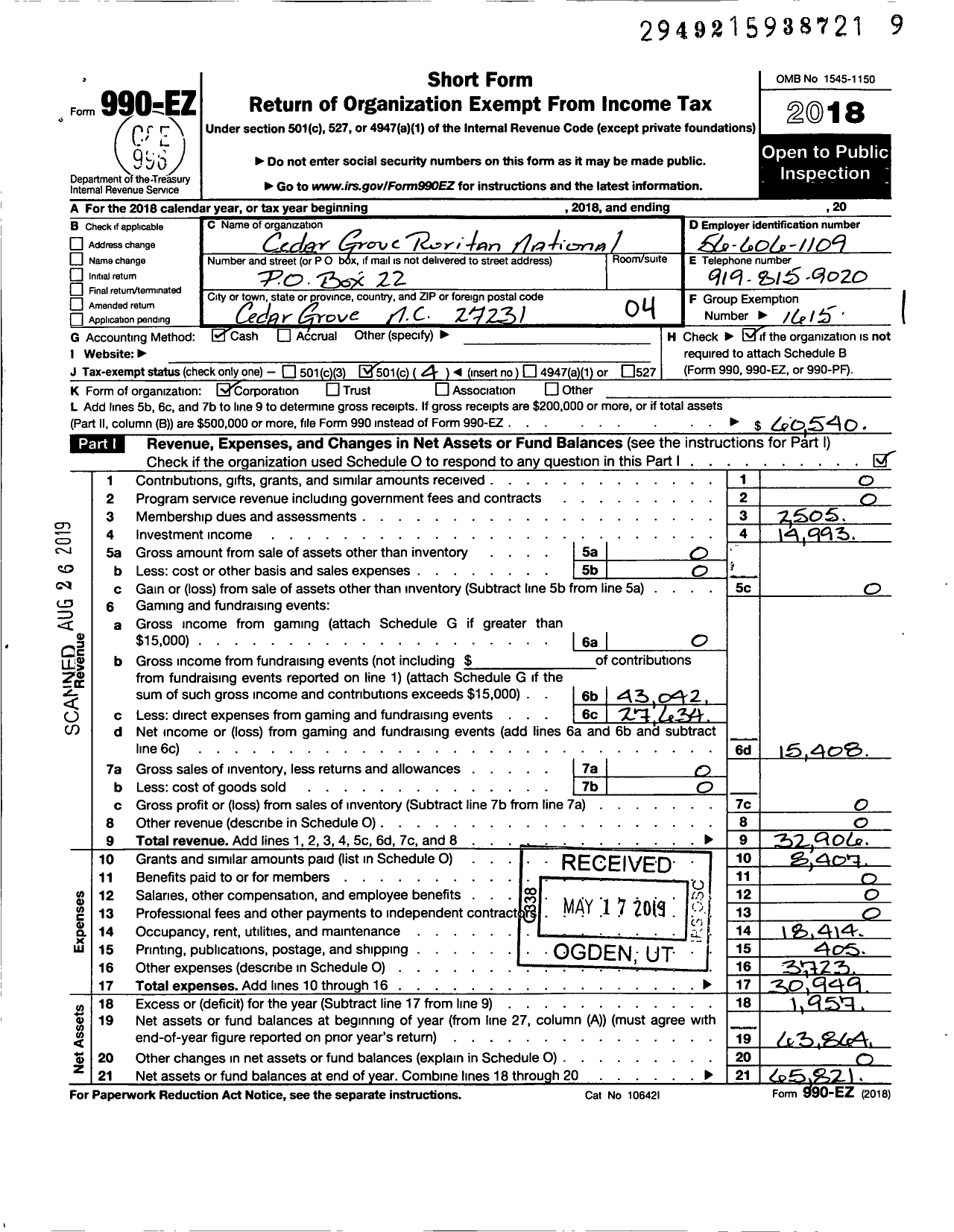 Image of first page of 2018 Form 990EO for Ruritan - Cedar Grove