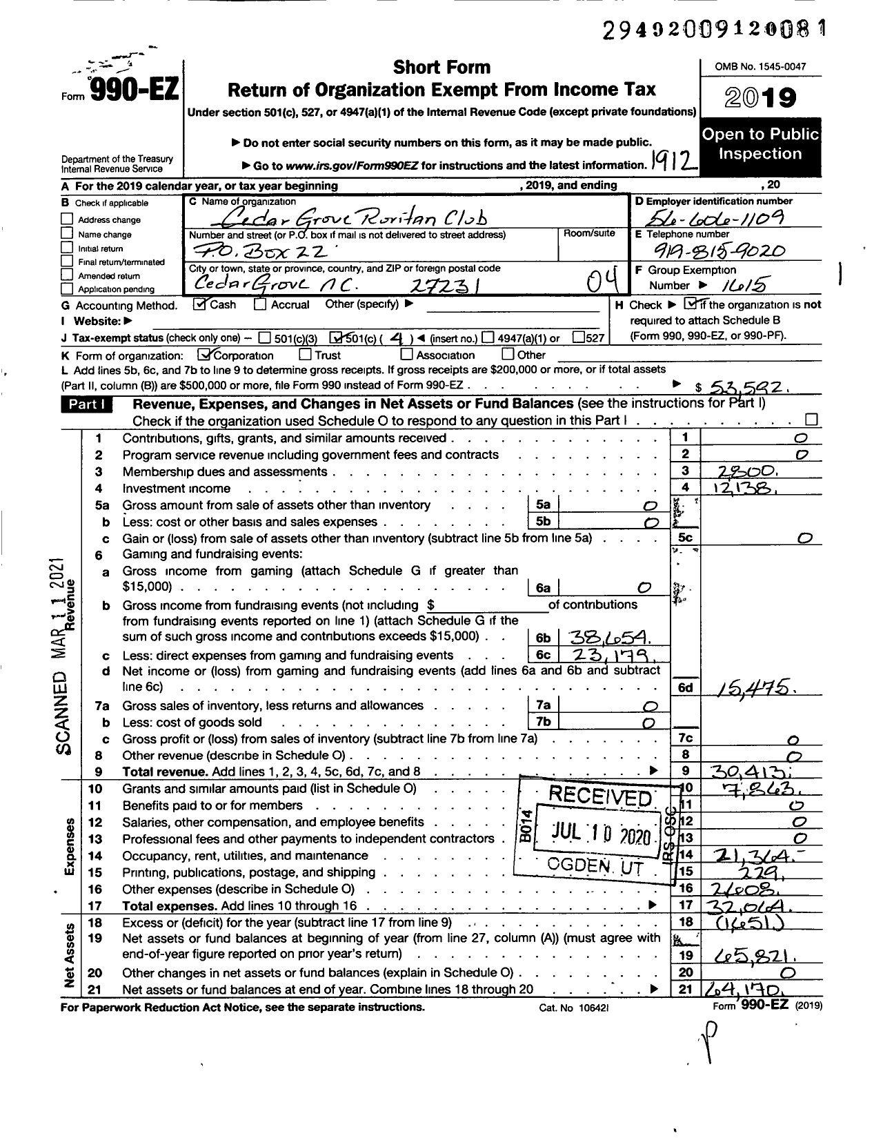 Image of first page of 2019 Form 990EO for Ruritan - Cedar Grove