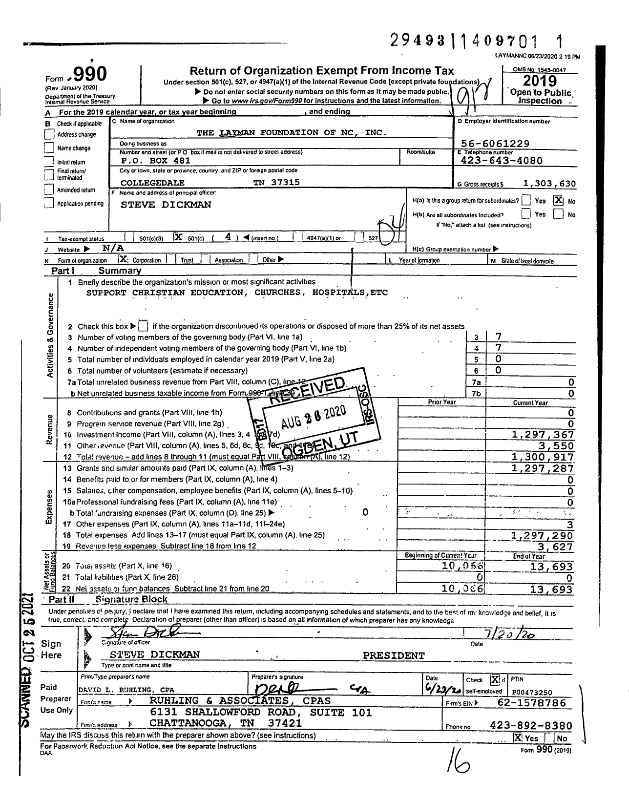 Image of first page of 2019 Form 990O for Layman Foundation of NC