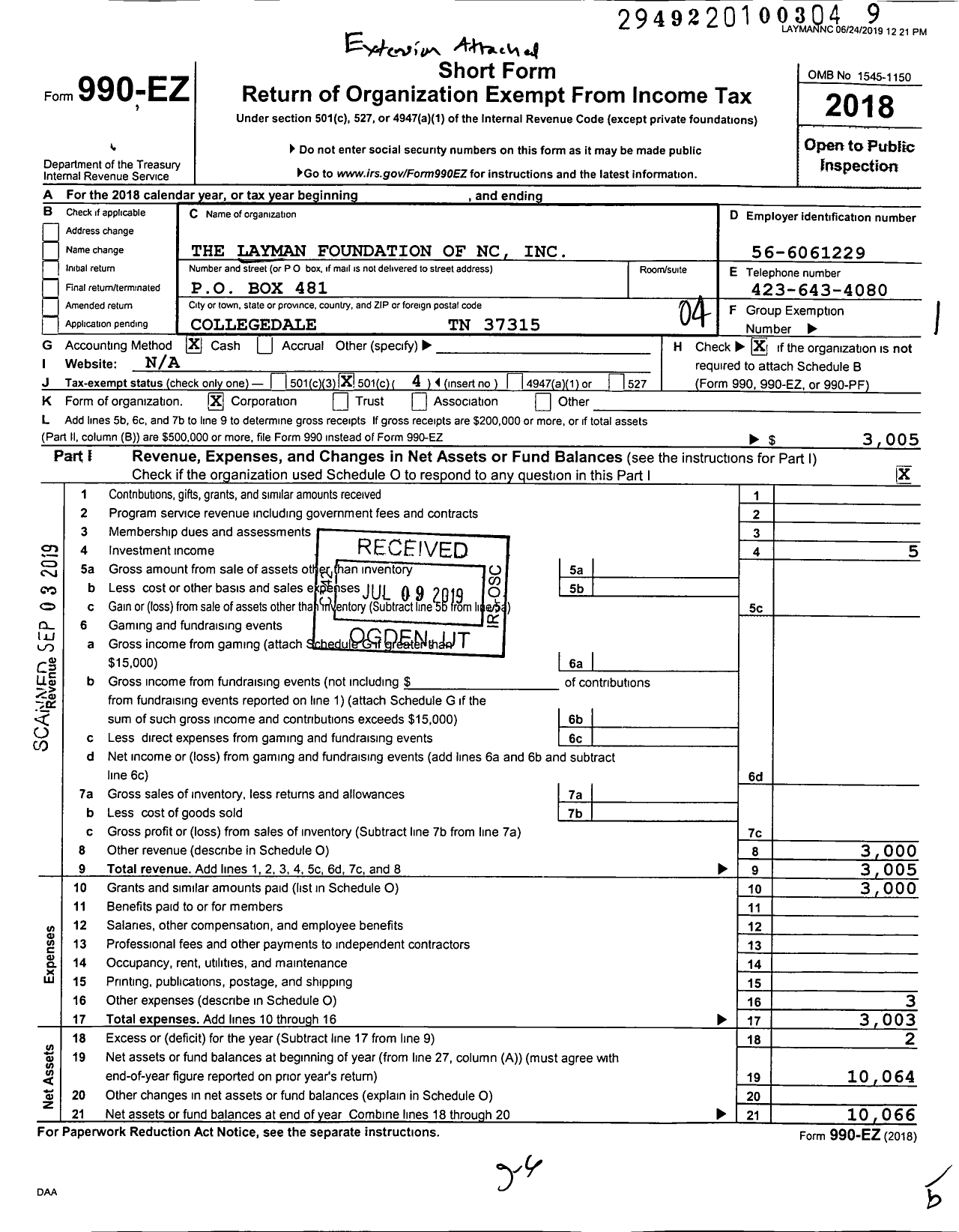 Image of first page of 2018 Form 990EO for Layman Foundation of NC