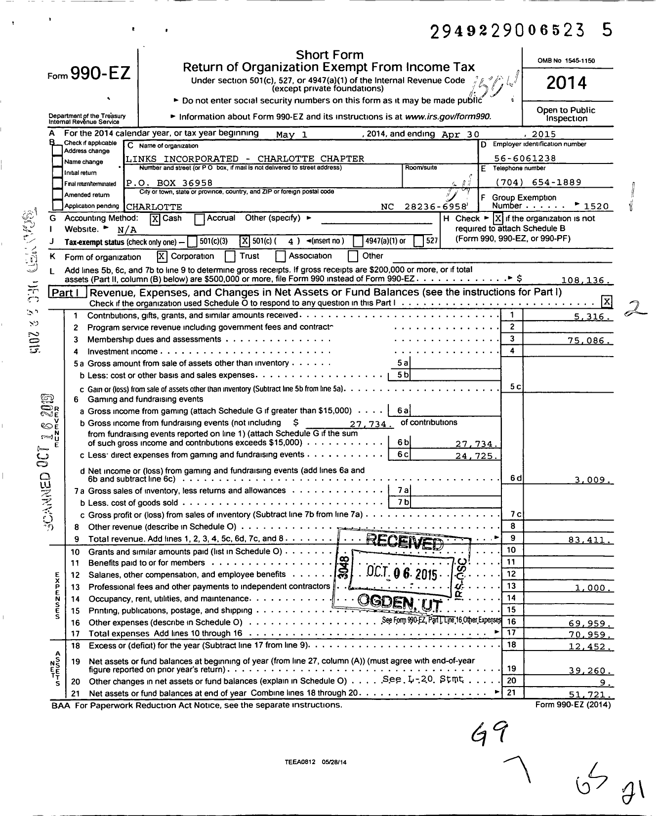 Image of first page of 2014 Form 990EO for Links Incorporated Charlotte NC Chapter