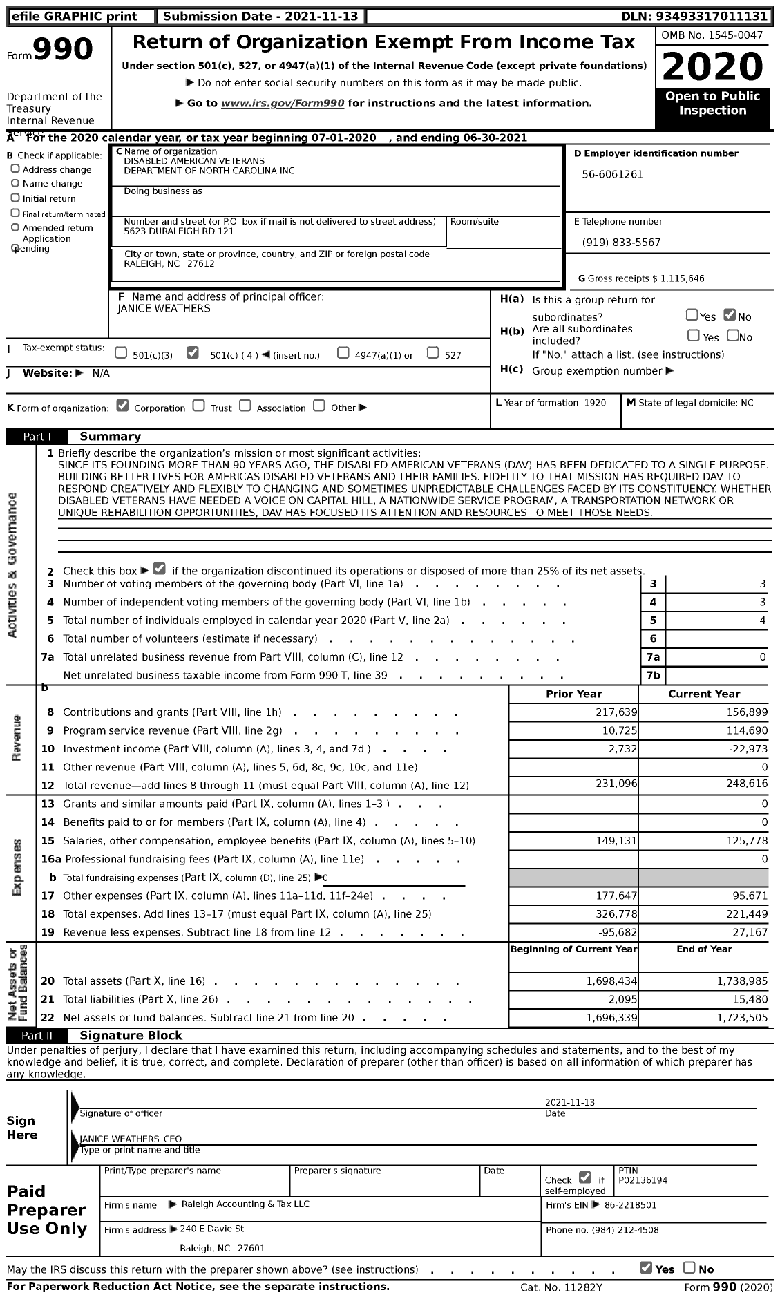 Image of first page of 2020 Form 990 for Disabled American Veterans - Dept of North Carolina