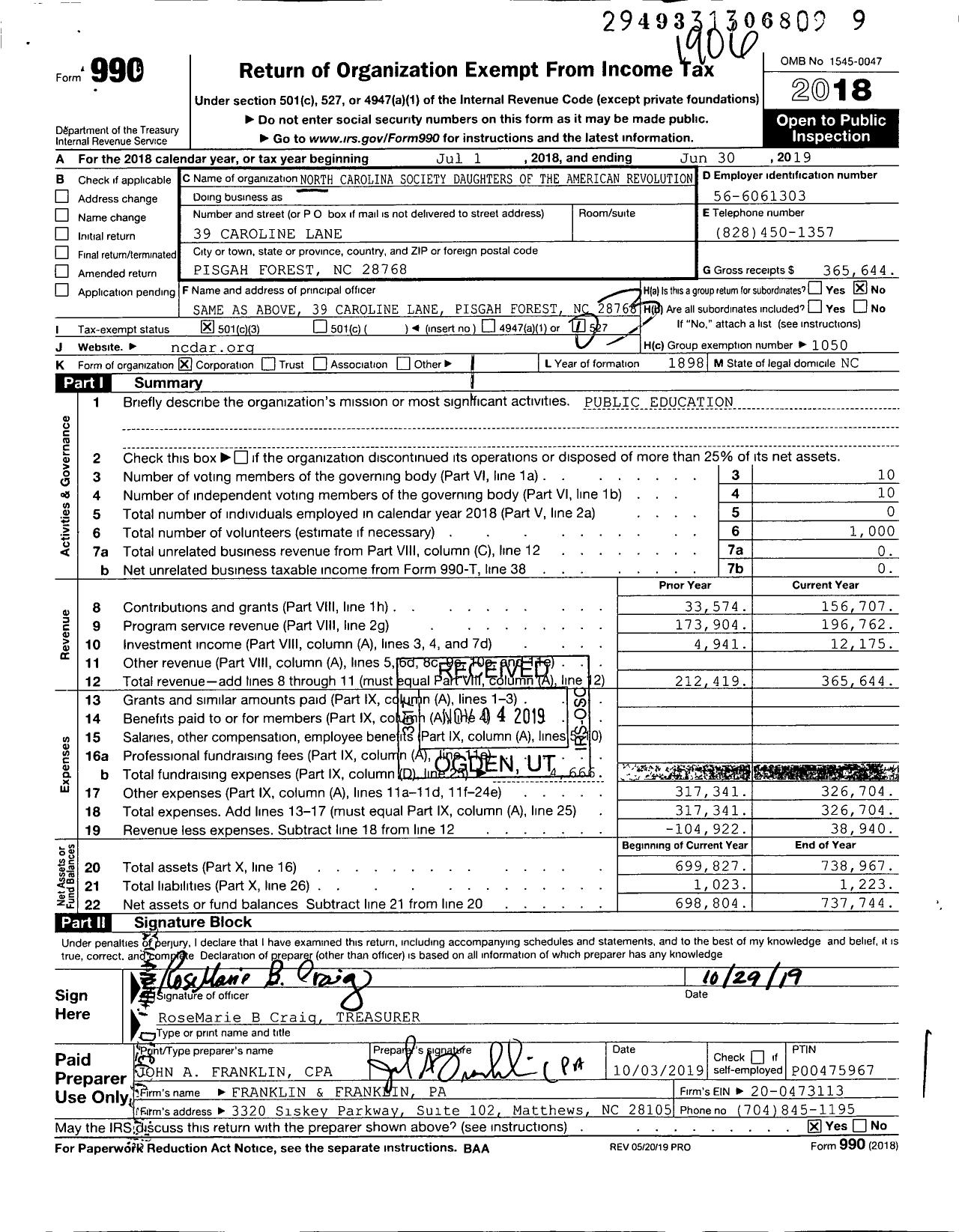 Image of first page of 2018 Form 990 for Daughters of the American Revolution - North Carolina St Society Dar