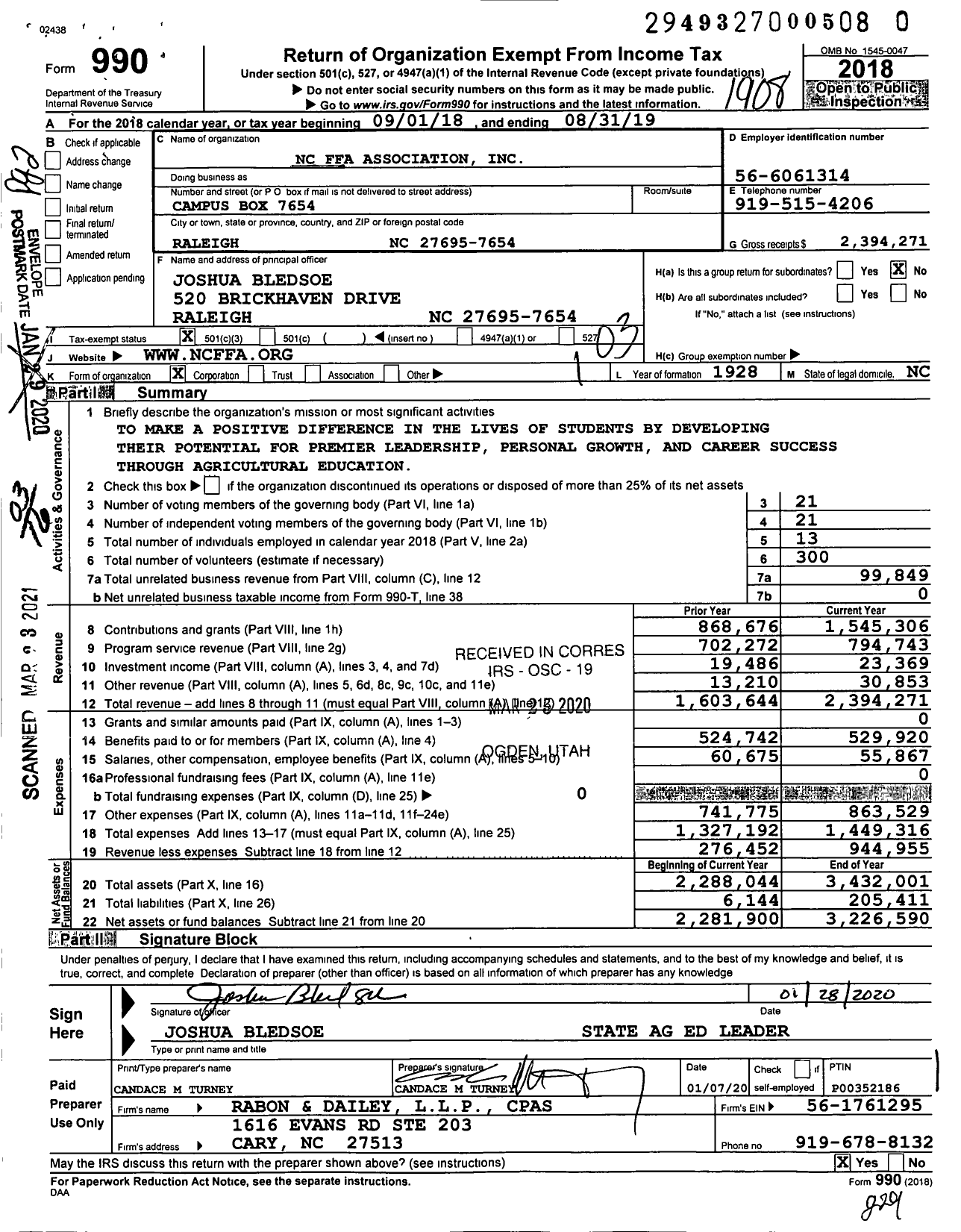 Image of first page of 2018 Form 990 for Future Farmers of America - North Carolina Association