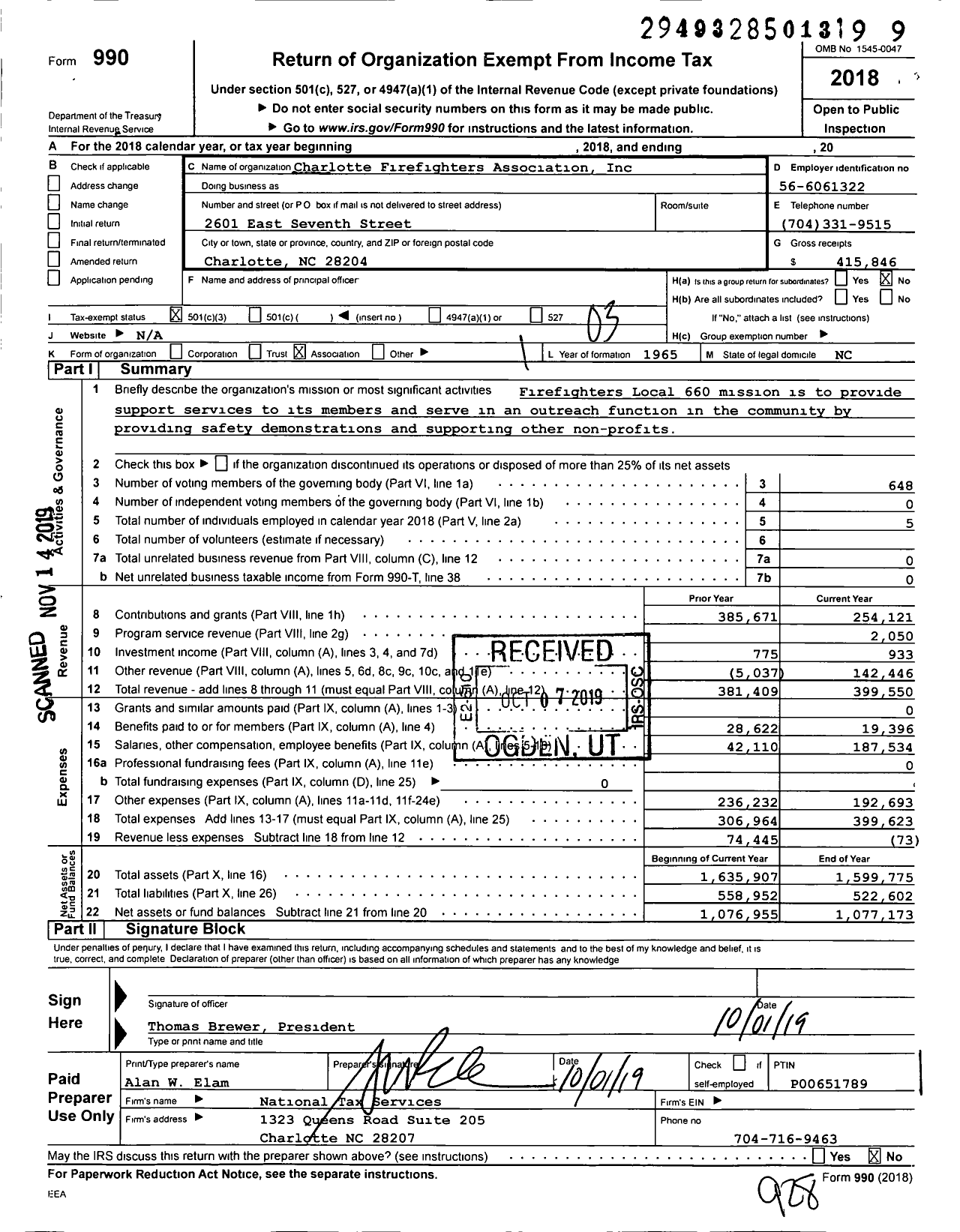 Image of first page of 2018 Form 990 for International Association of Fire Fighters - Charlotte Firefighters Association Inc Local 660