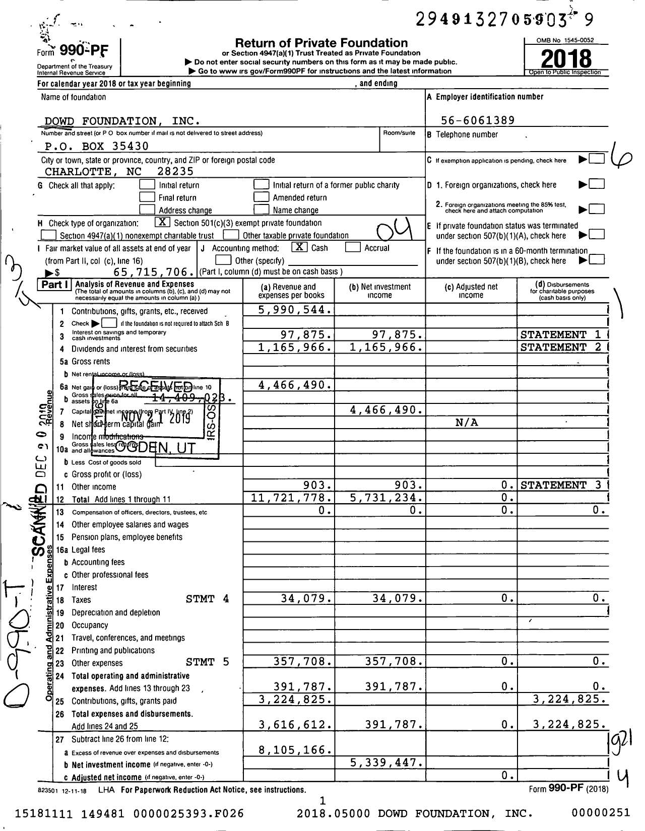 Image of first page of 2018 Form 990PF for Dowd Foundation