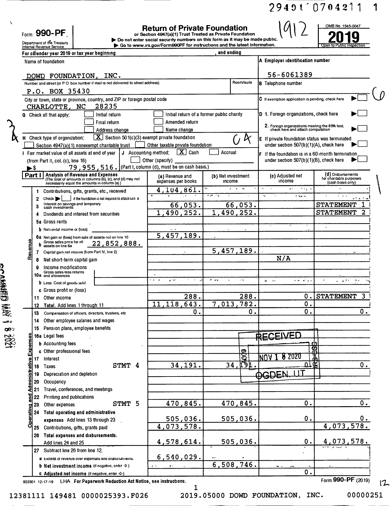 Image of first page of 2019 Form 990PF for Dowd Foundation