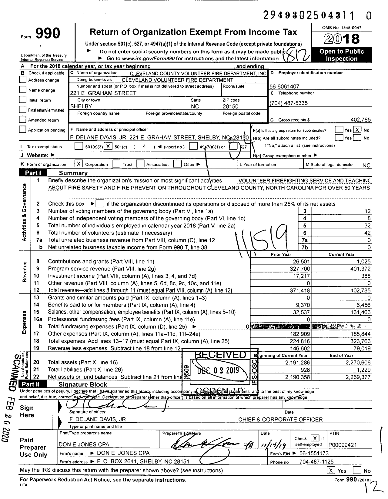 Image of first page of 2018 Form 990O for Cleveland Volunteer Fire Department / Cleveland County Volunteer Fire Department Inc