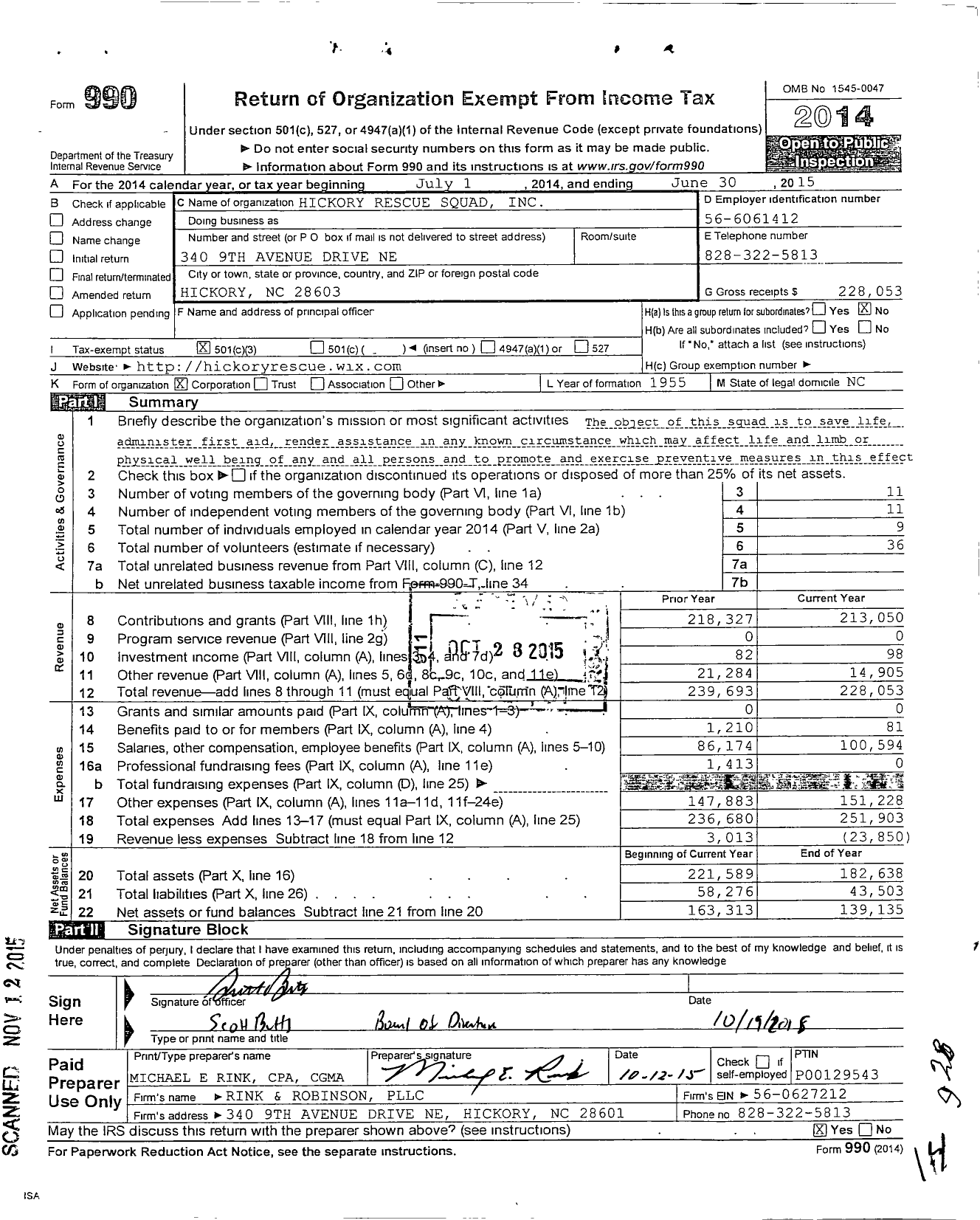 Image of first page of 2014 Form 990 for Hickory Rescue Squad