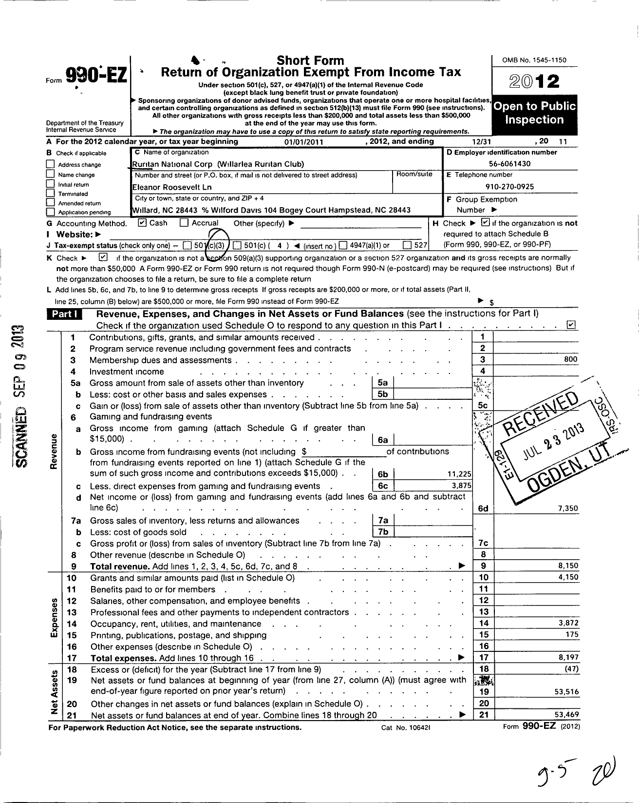 Image of first page of 2011 Form 990EO for Ruritan - Willarlea