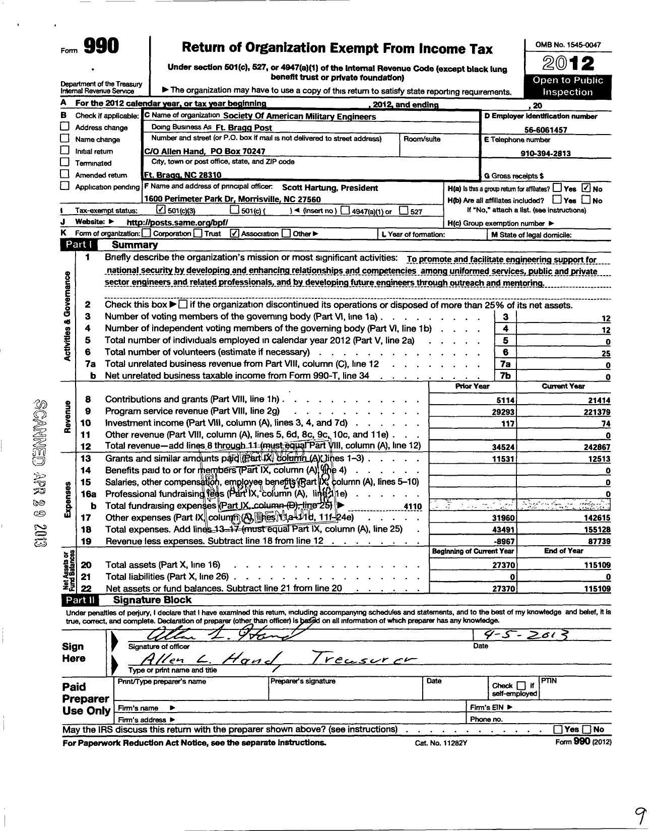 Image of first page of 2012 Form 990 for Society of American Military Engineers / S A M E FT Bragg Post