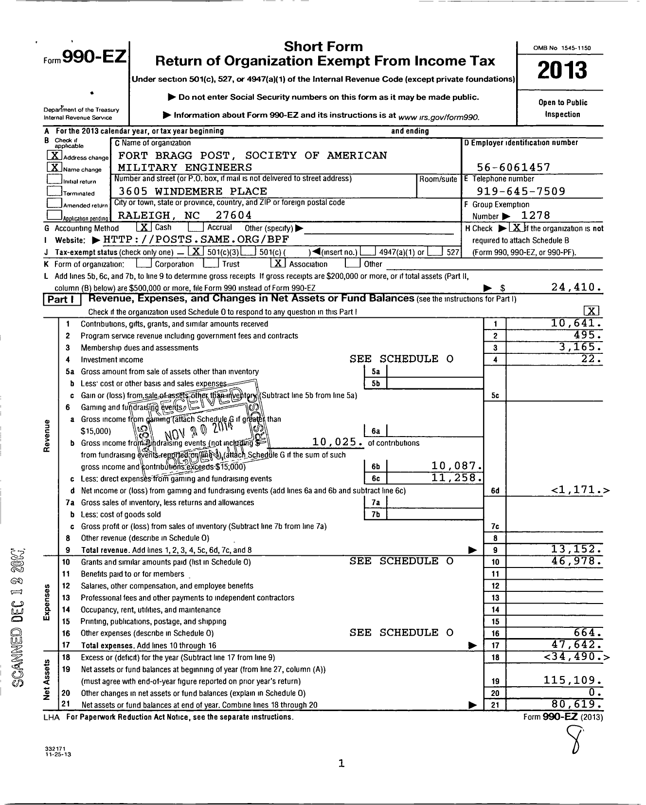 Image of first page of 2013 Form 990EZ for Society of American Military Engineers / S A M E FT Bragg Post