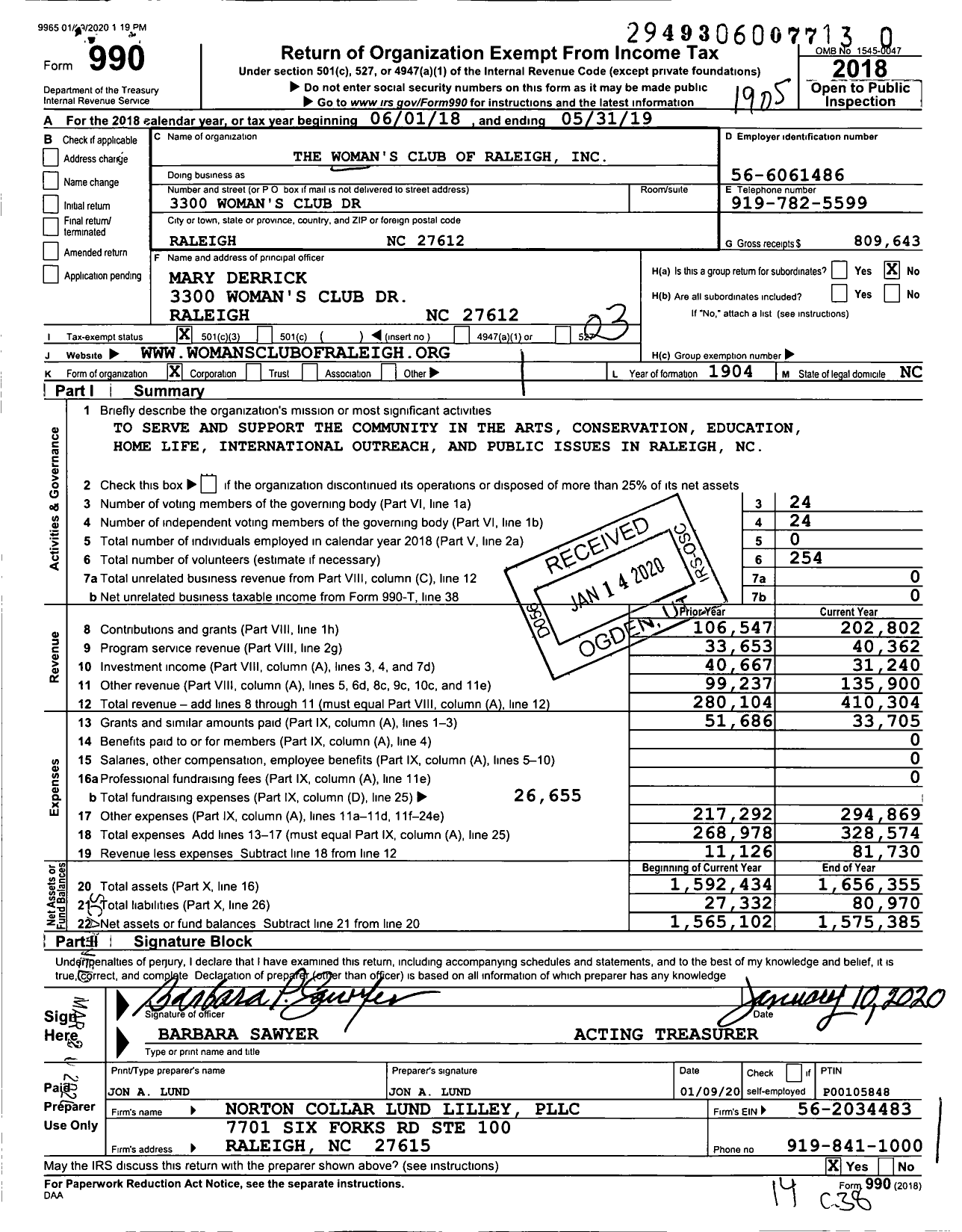 Image of first page of 2018 Form 990 for The Woman's Club of Raleigh