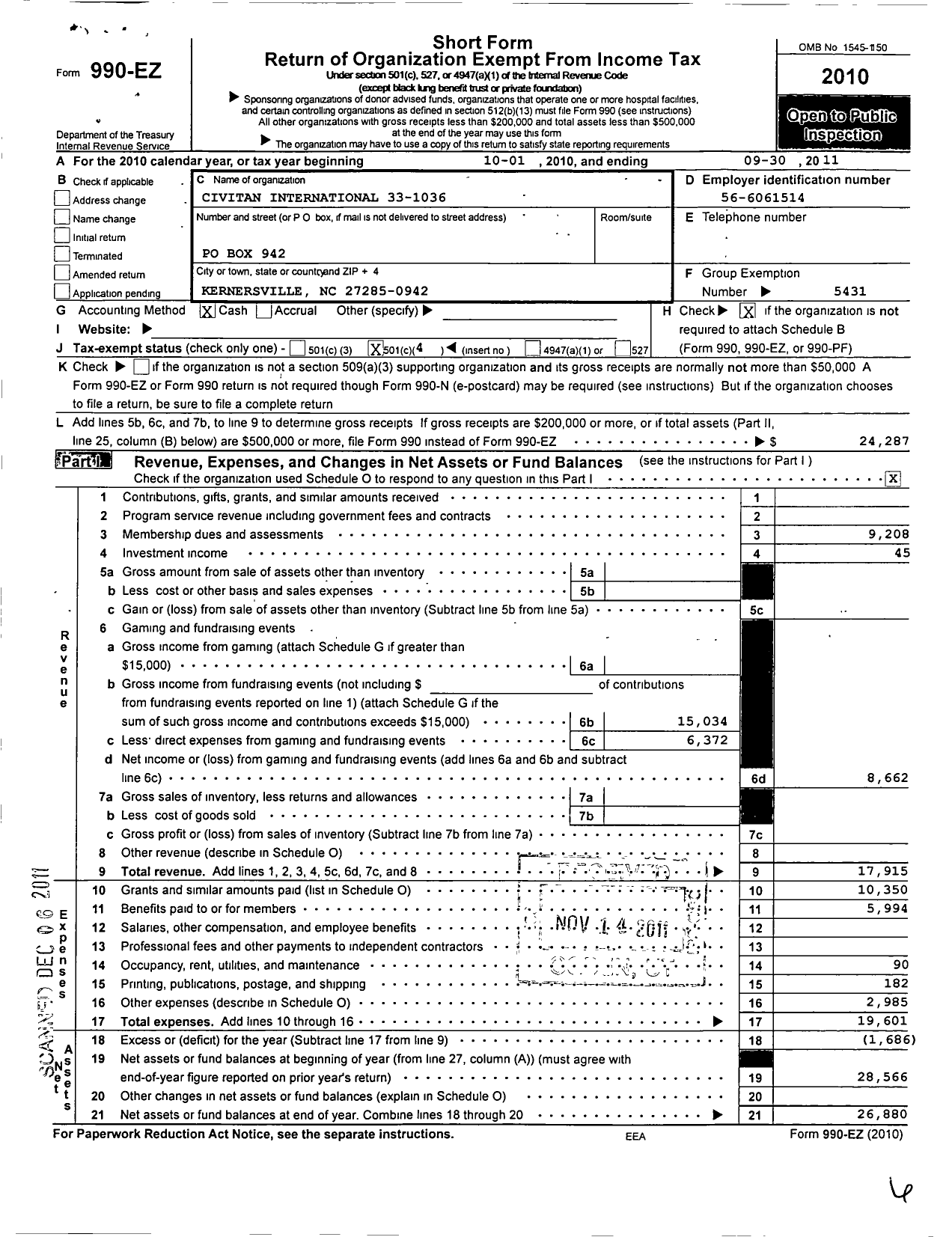 Image of first page of 2010 Form 990EO for Civitan International / Kernersville NC