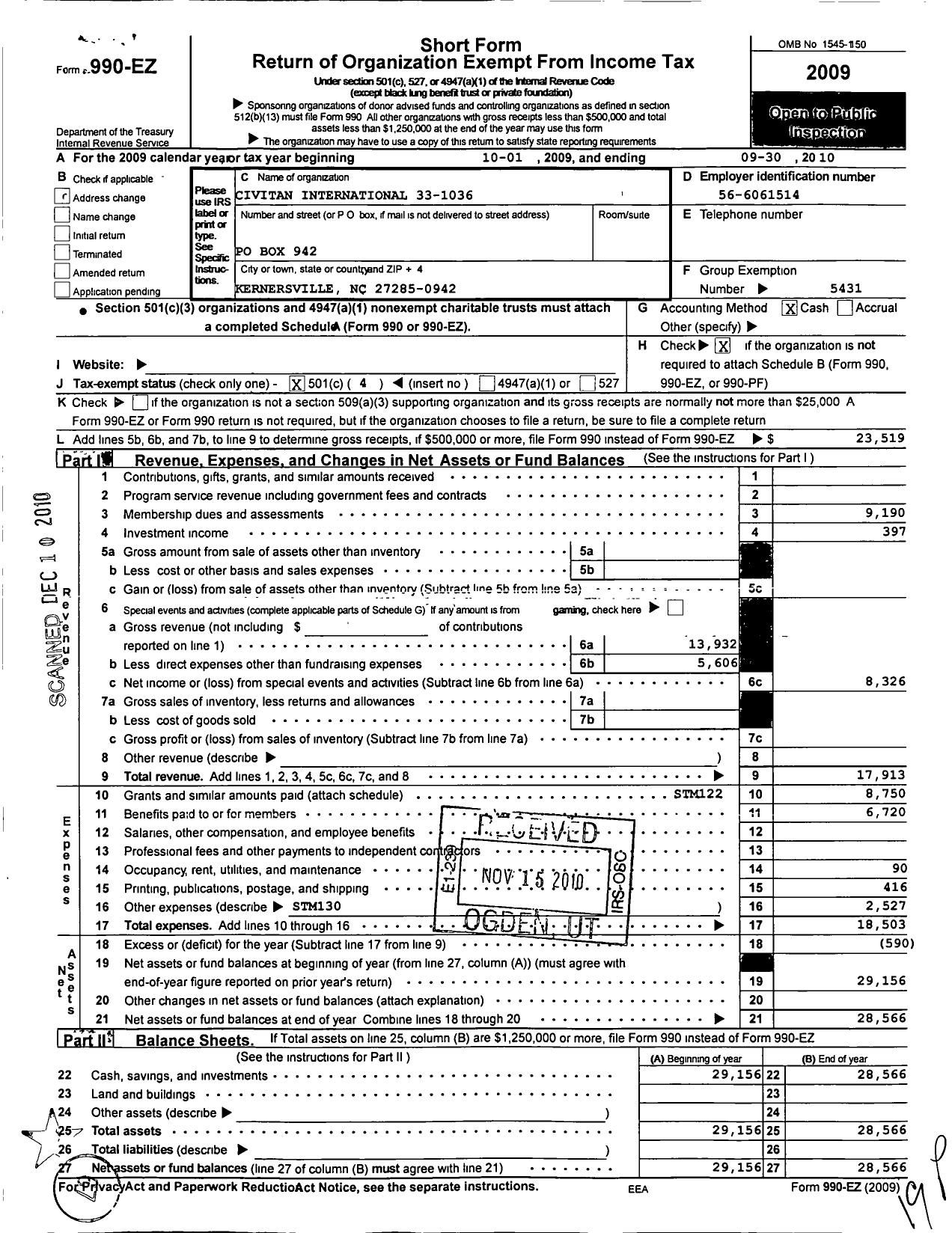 Image of first page of 2009 Form 990EO for Civitan International / Kernersville NC