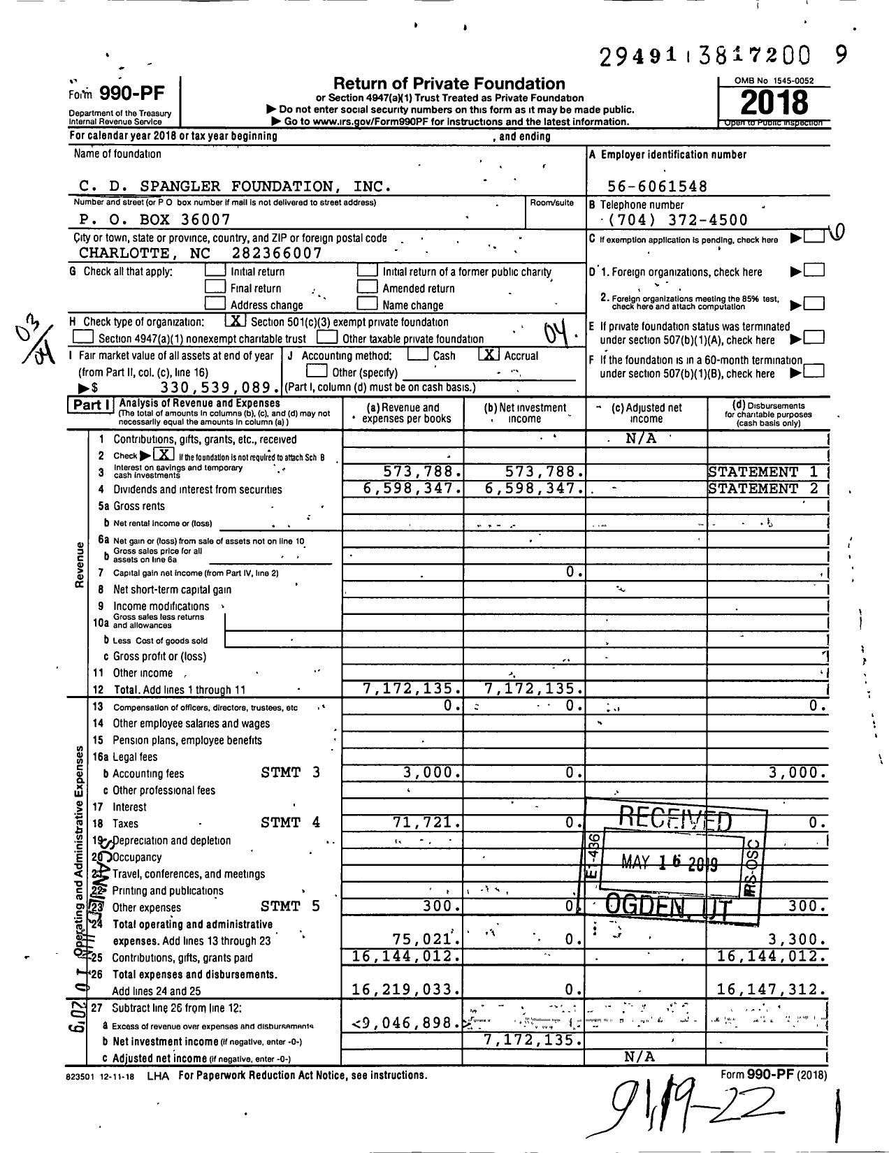 Image of first page of 2018 Form 990PF for C D Spangler Foundation