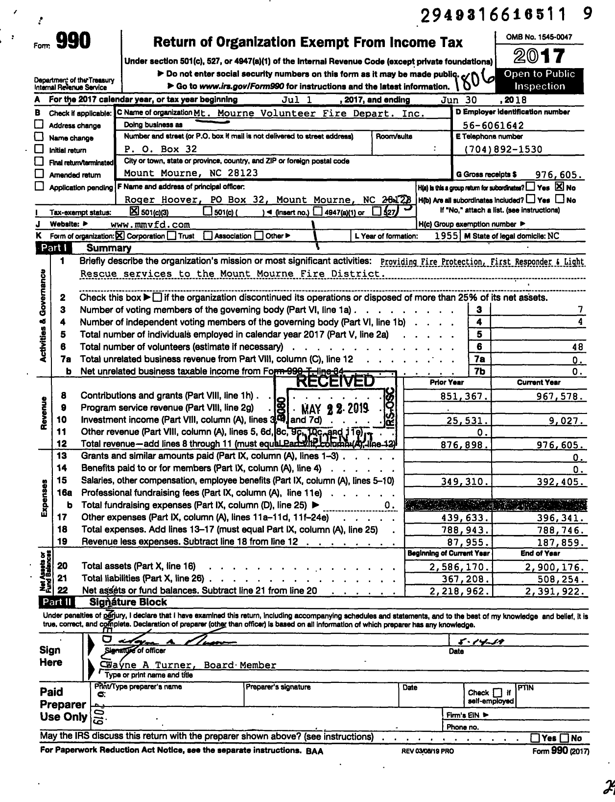 Image of first page of 2017 Form 990 for Mt Mourne Volunteer Fire Depart