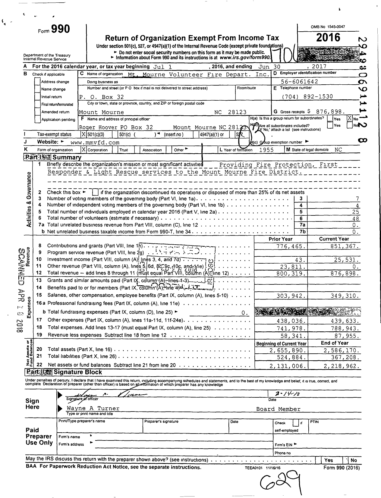 Image of first page of 2016 Form 990 for Mt Mourne Volunteer Fire Depart