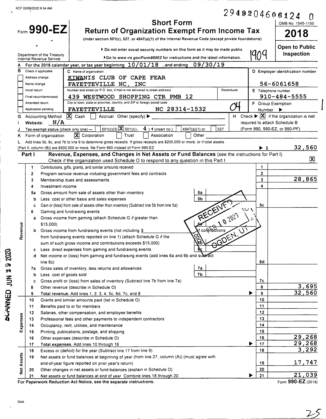 Image of first page of 2018 Form 990EO for Kiwanis International - K05308 Cape Fear Fayetteville