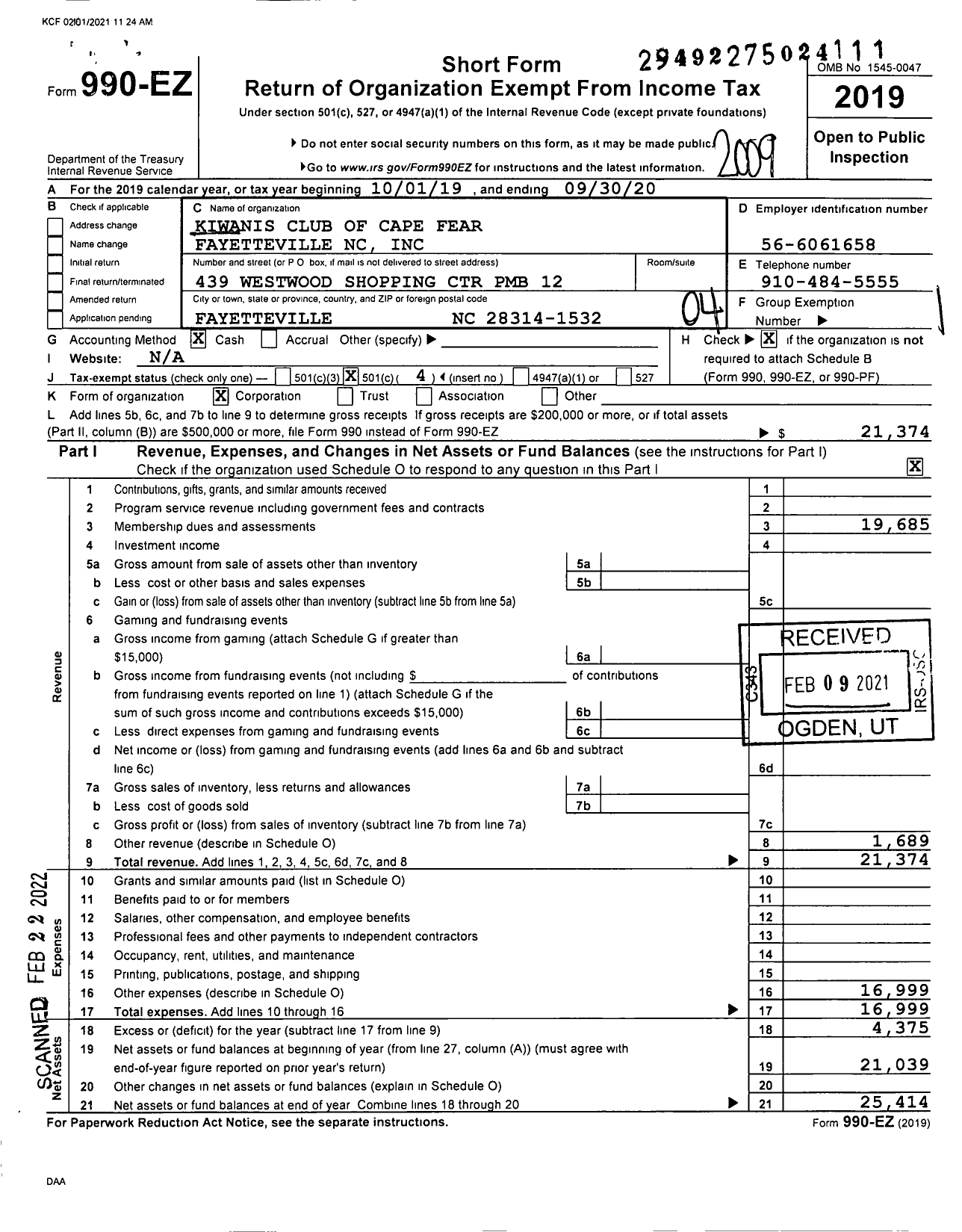 Image of first page of 2019 Form 990EO for Kiwanis International - K05308 Cape Fear Fayetteville