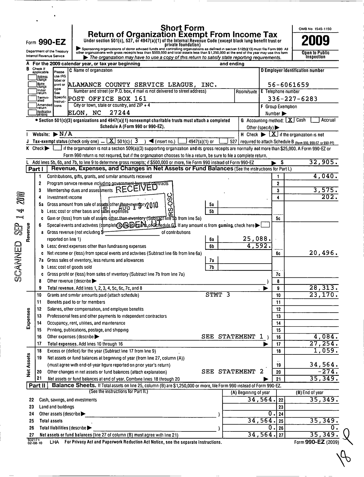 Image of first page of 2009 Form 990EZ for Alamance County Service League