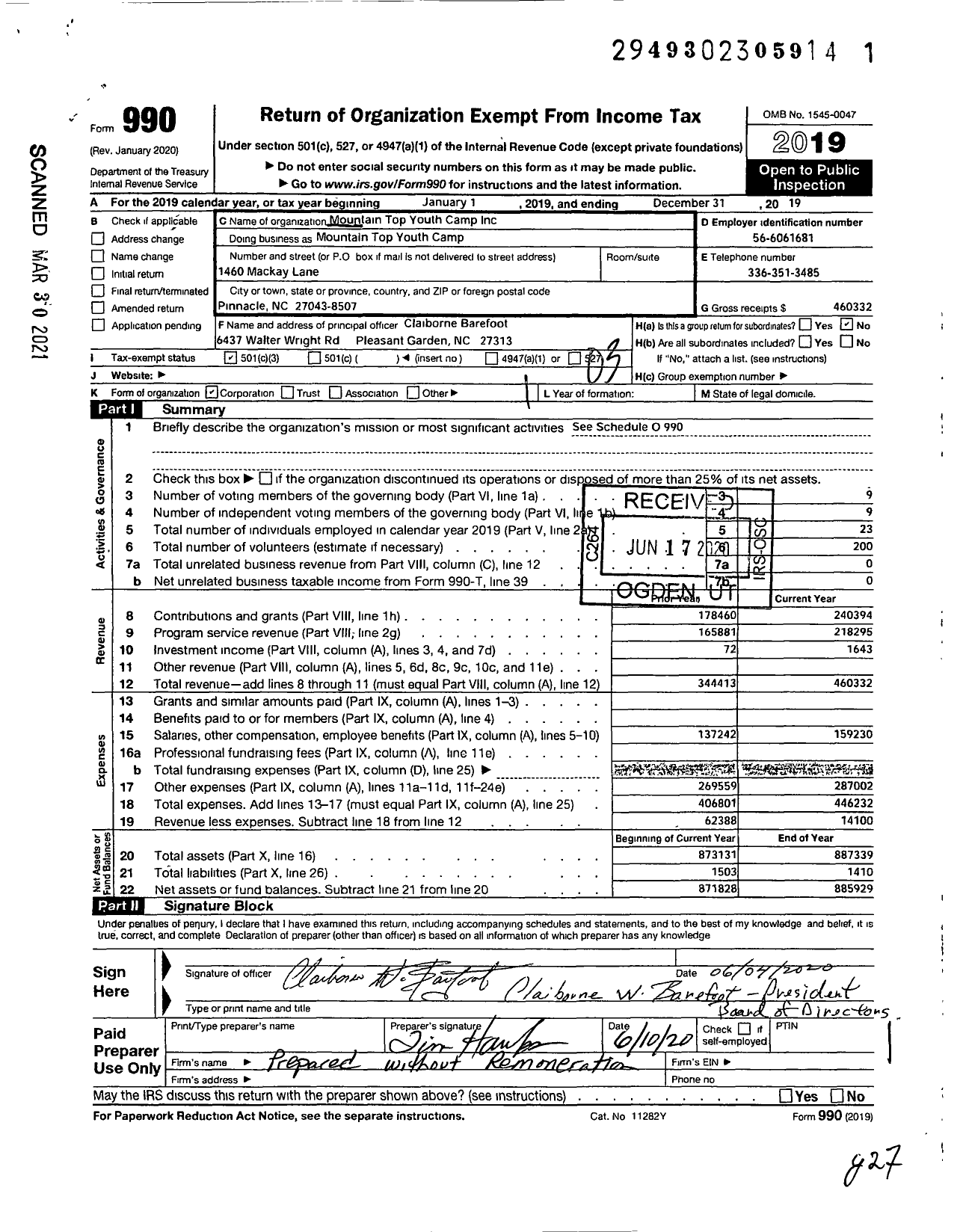 Image of first page of 2019 Form 990 for Mountain Top Youth Camp