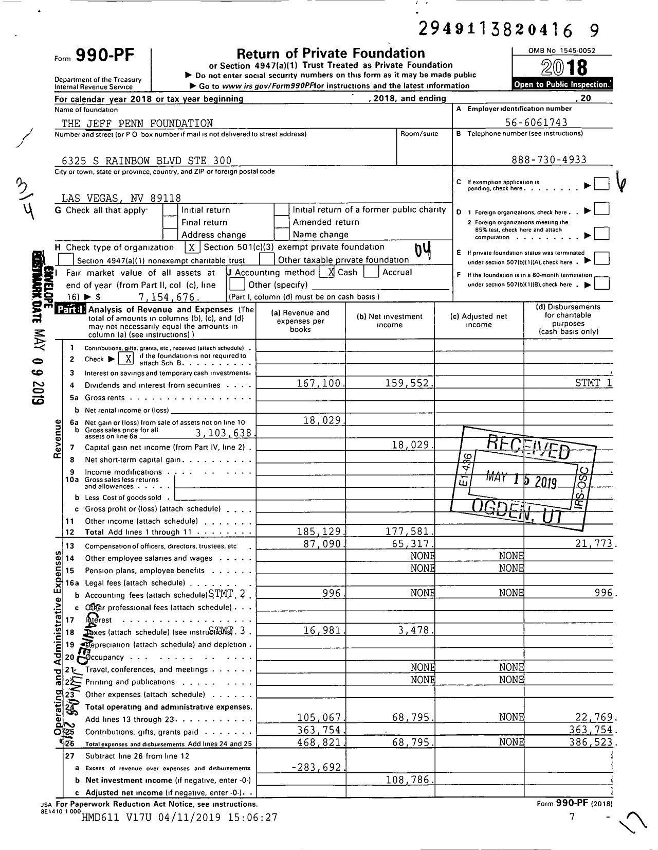 Image of first page of 2018 Form 990PF for The Jeff Penn Foundation