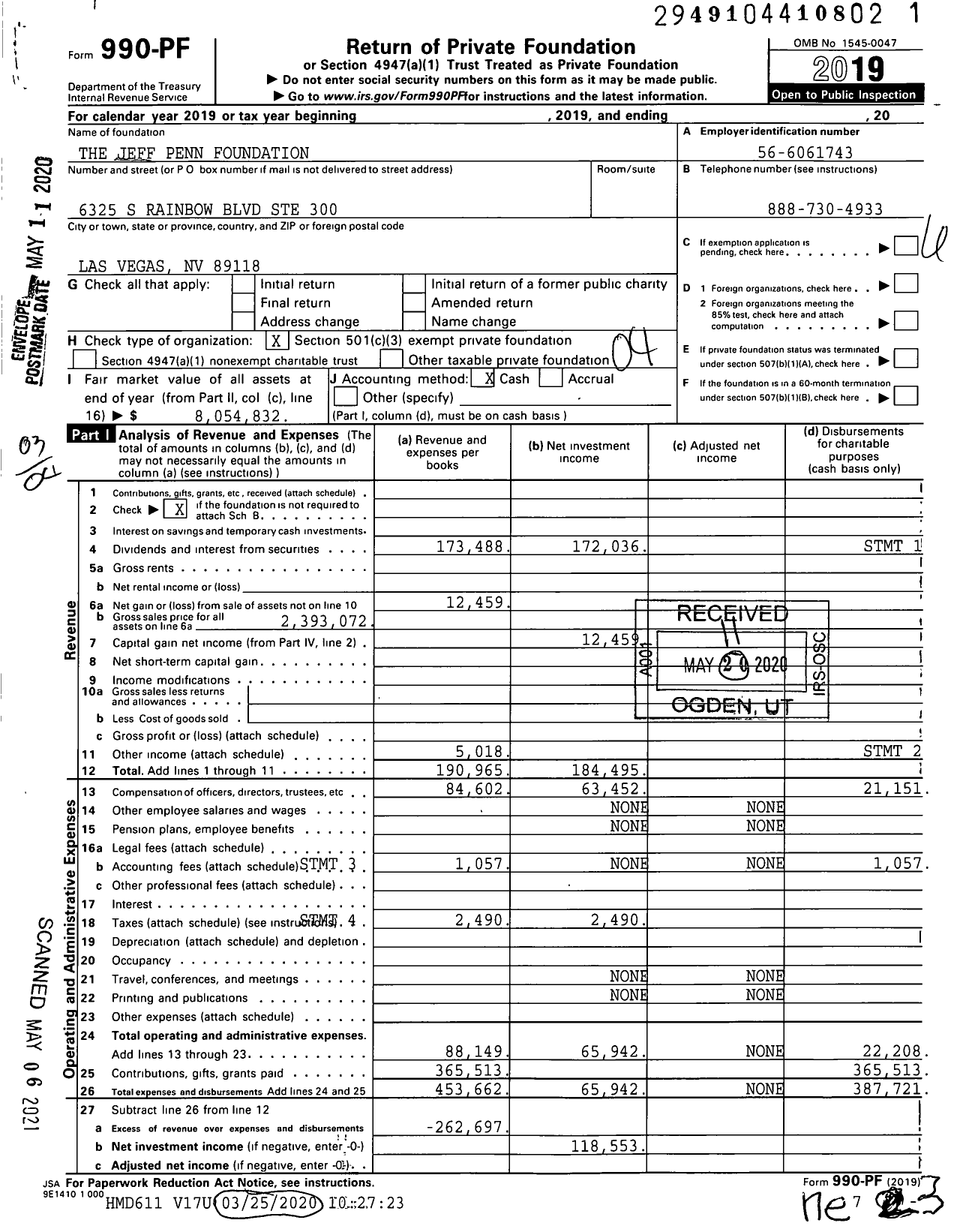 Image of first page of 2019 Form 990PF for The Jeff Penn Foundation