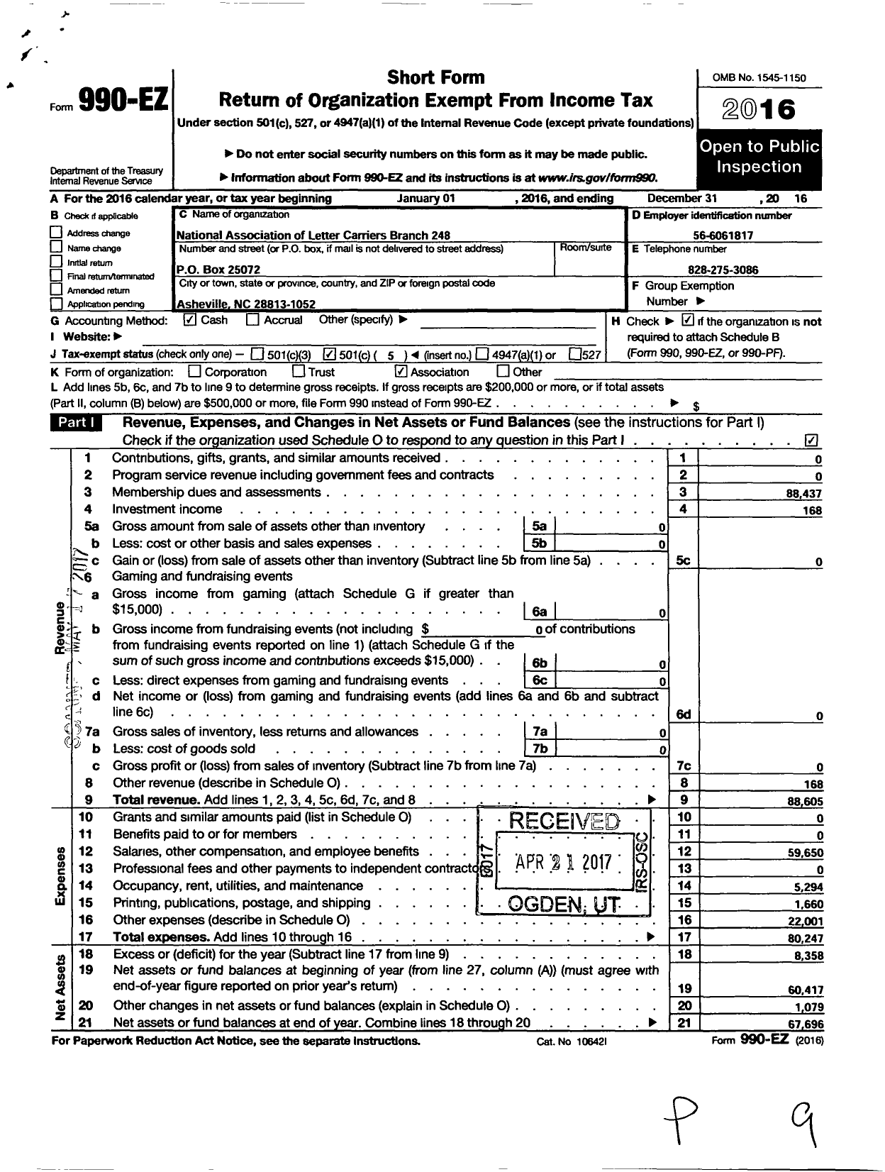 Image of first page of 2016 Form 990EO for National Association of Letter Carriers Branch 248