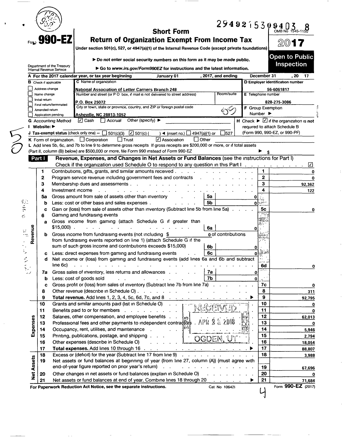 Image of first page of 2017 Form 990EO for National Association of Letter Carriers Branch 248