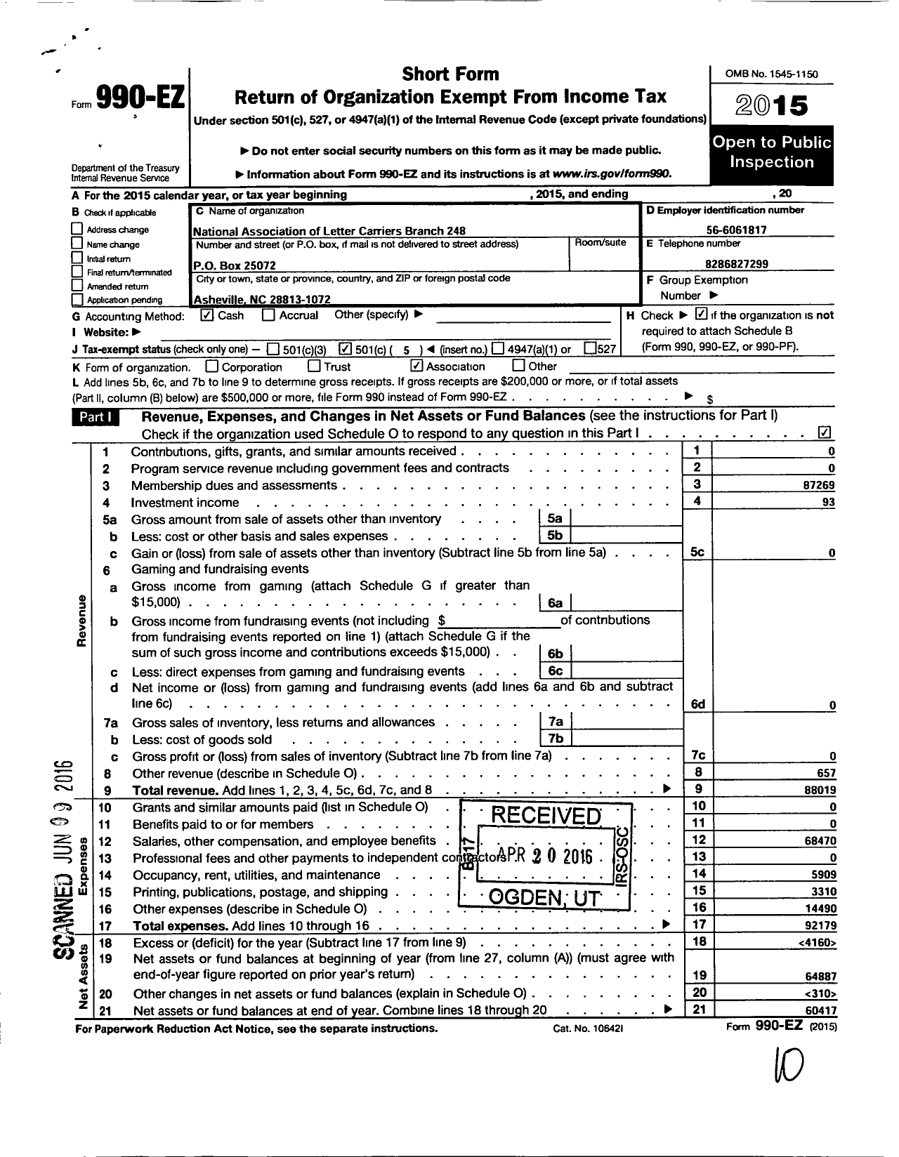 Image of first page of 2015 Form 990EO for National Association of Letter Carriers Branch 248