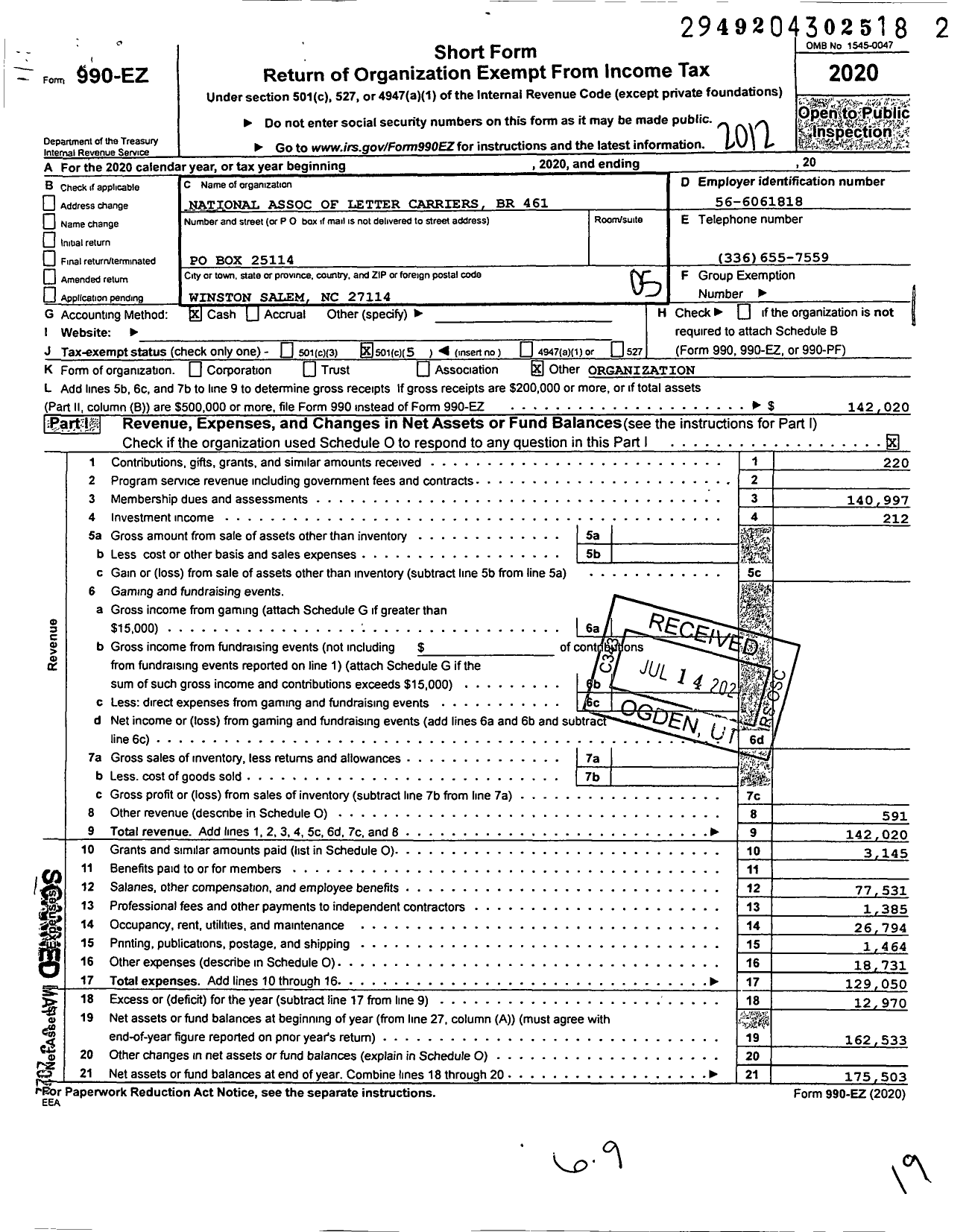 Image of first page of 2020 Form 990EO for National Association of Letter Carriers - 461 Winston Salem N Carolina