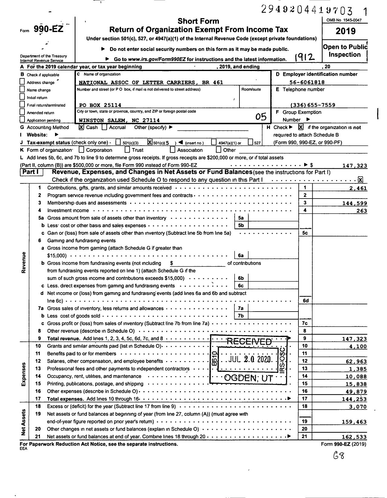 Image of first page of 2019 Form 990EO for National Association of Letter Carriers - 461 Winston Salem N Carolina