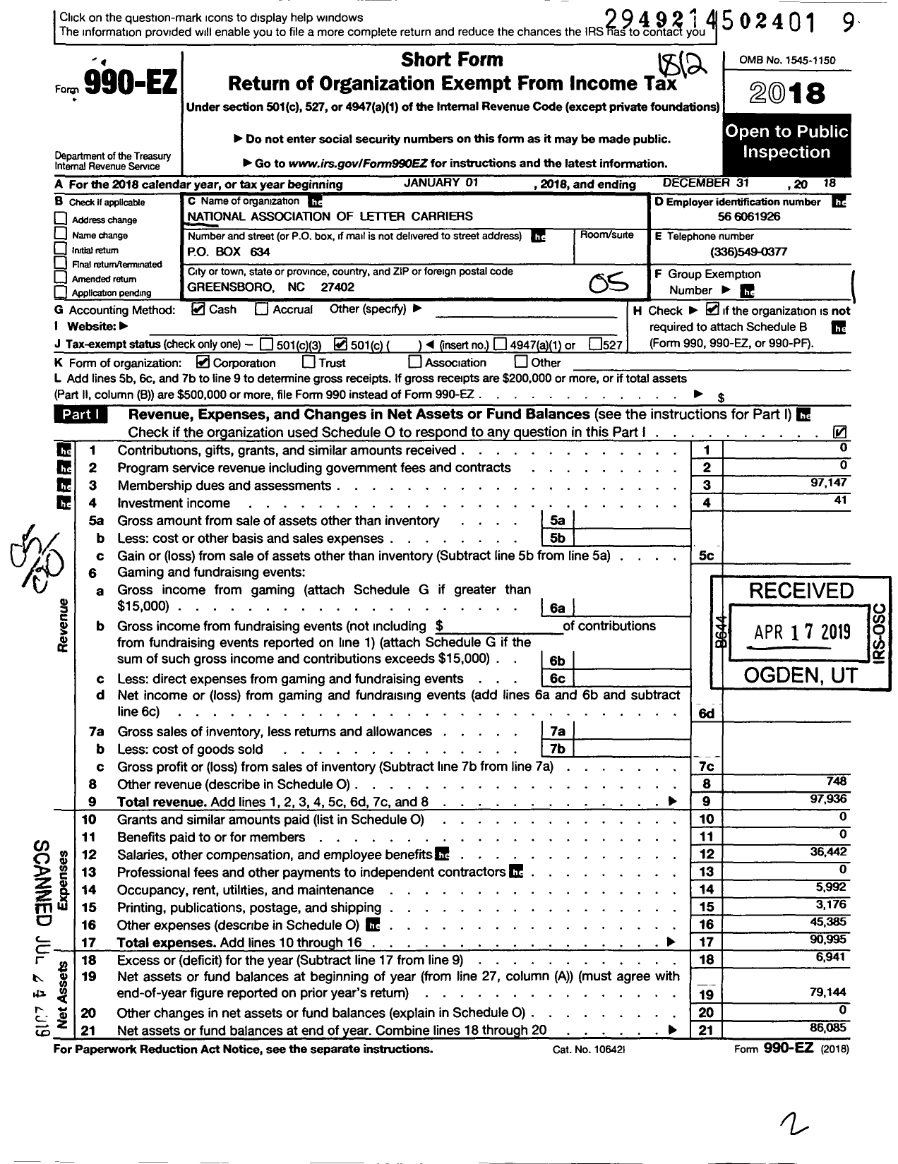 Image of first page of 2018 Form 990EO for National Association of Letter Carriers - 630 Nathaniel Green Branch