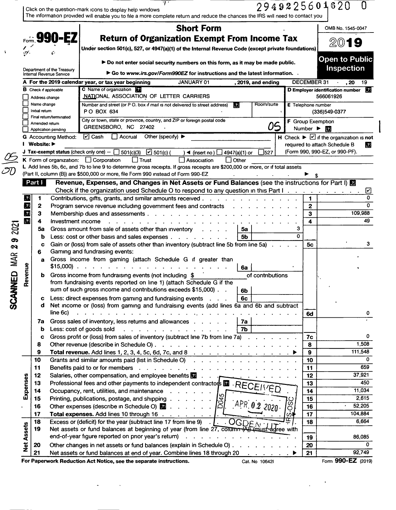 Image of first page of 2019 Form 990EO for National Association of Letter Carriers - 630 Nathaniel Green Branch