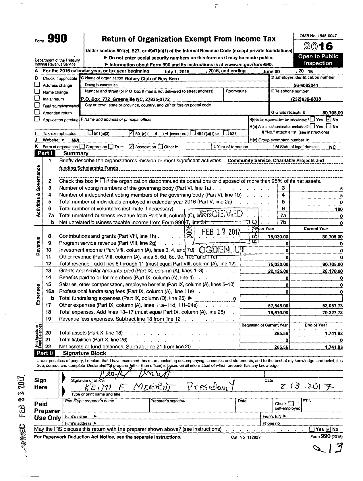 Image of first page of 2015 Form 990O for Rotary Club of New Bern