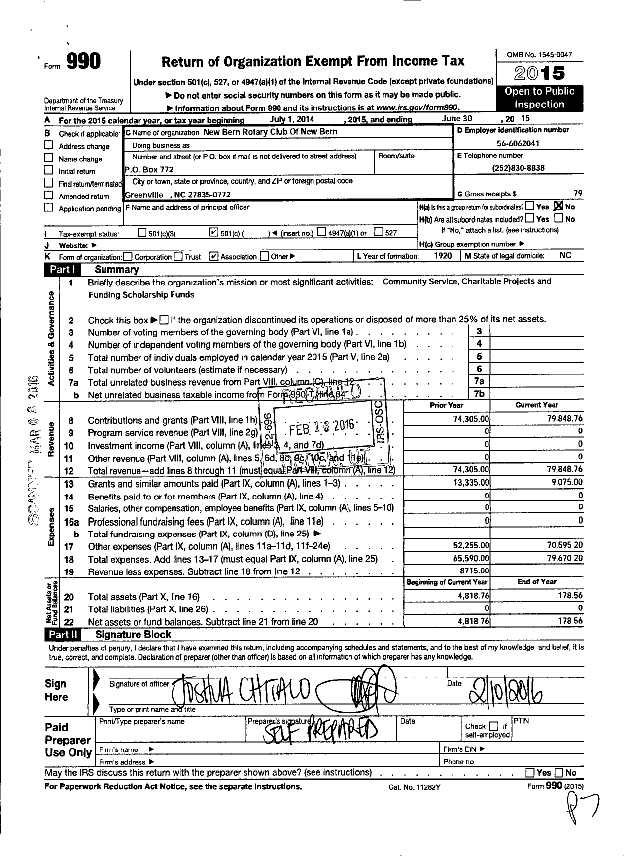 Image of first page of 2014 Form 990O for Rotary Club of New Bern