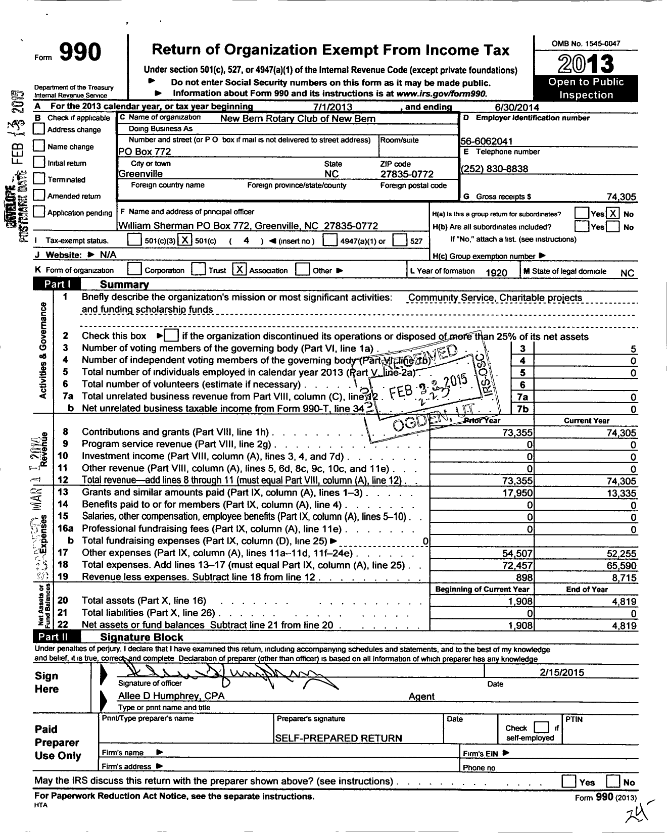 Image of first page of 2013 Form 990O for Rotary Club of New Bern