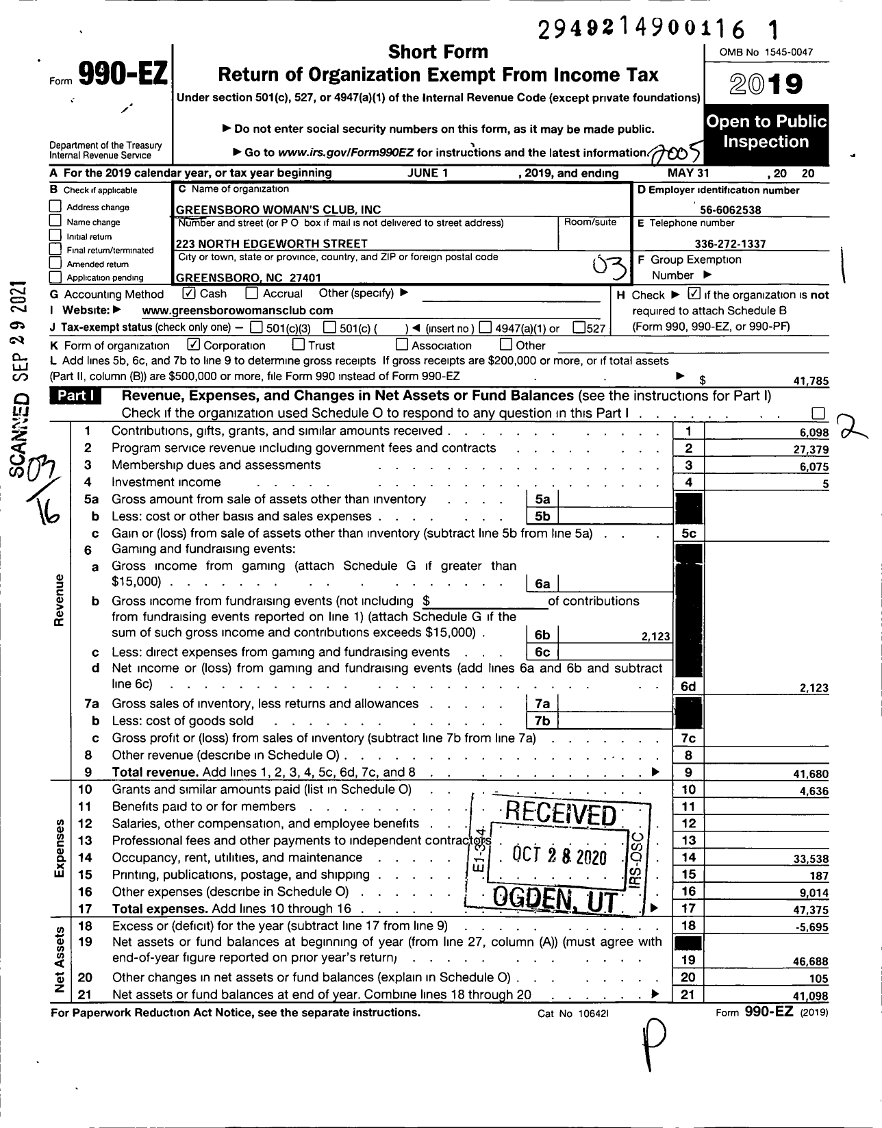 Image of first page of 2019 Form 990EZ for Greensboro Womans Club